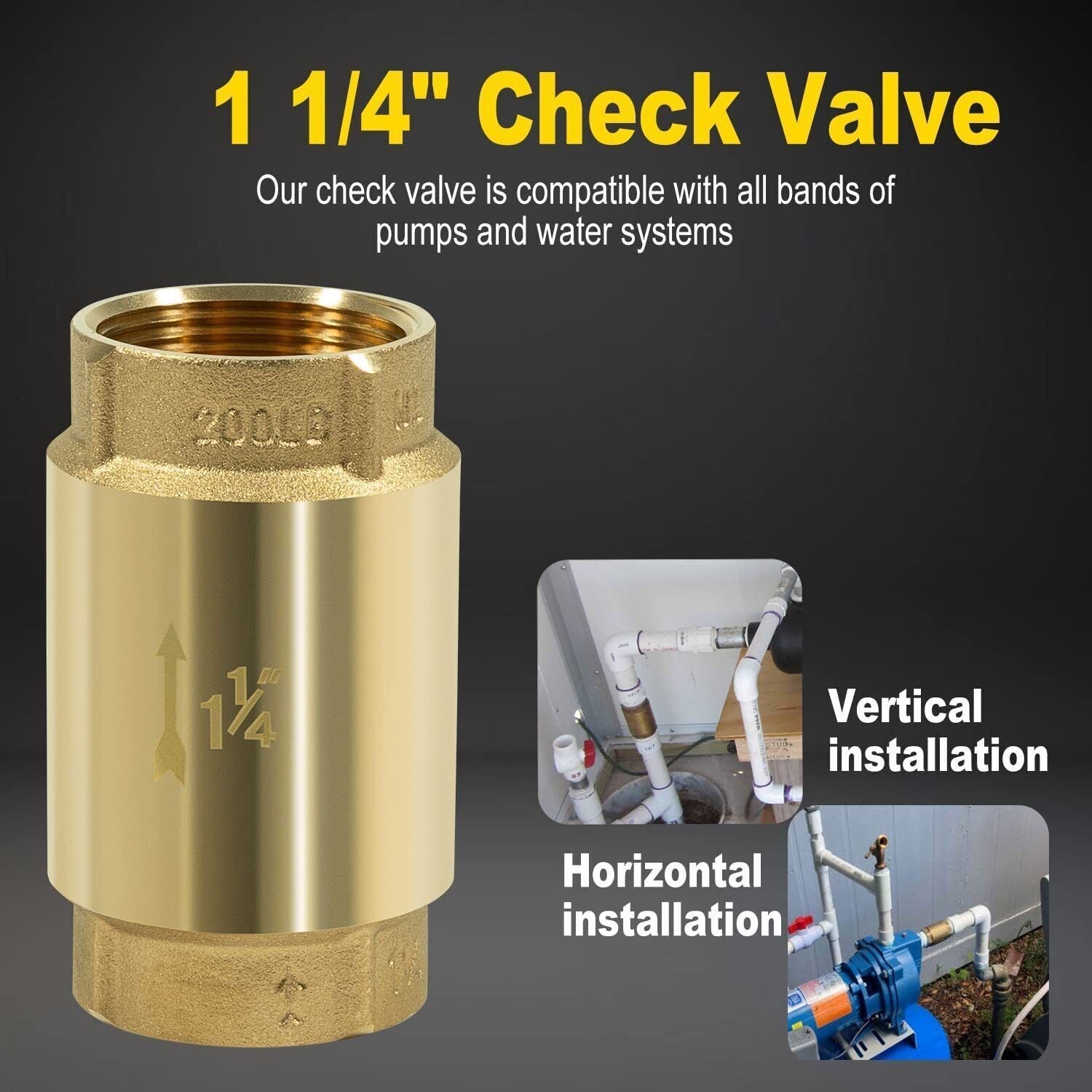 In-Line Check Valve 1 1/4" Brass Female Pipe Thread fits for Most Pumps