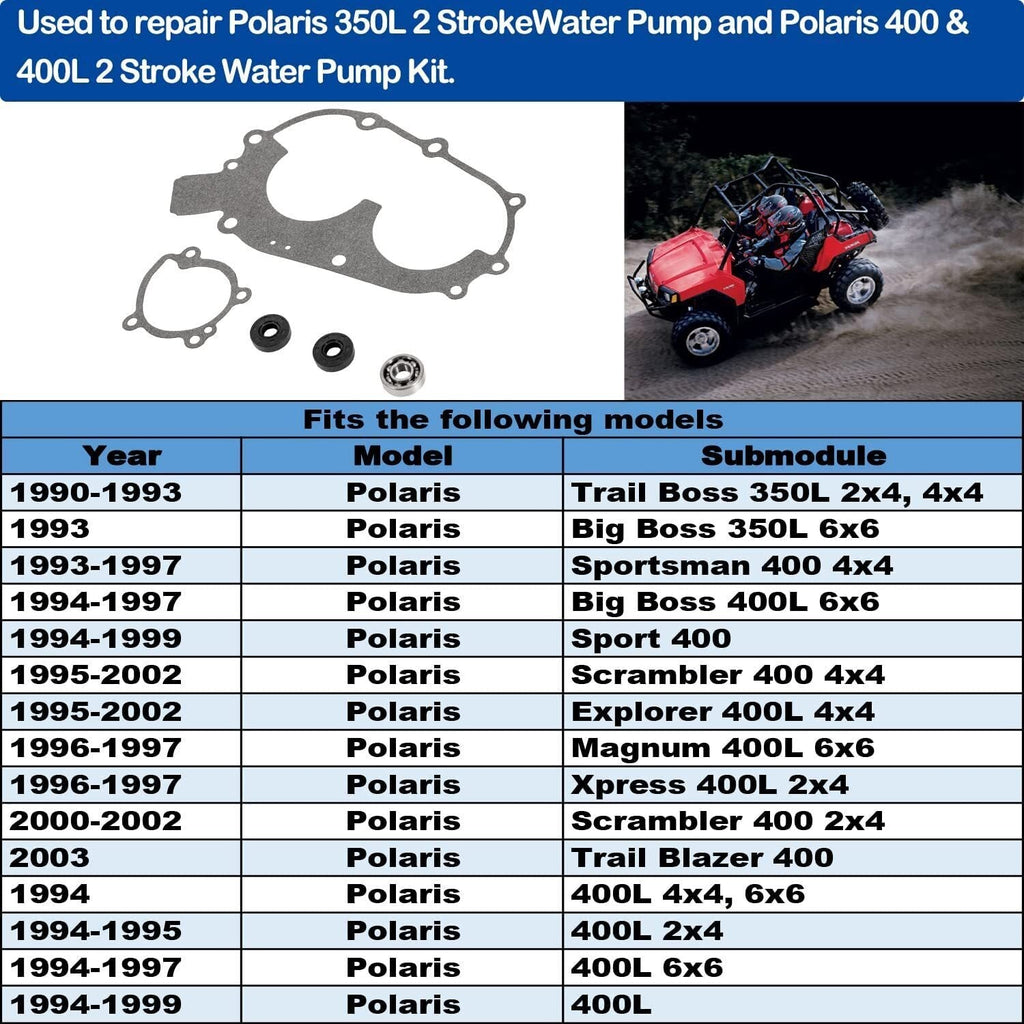 For Polaris Water Pump Rebuild Kit Bearing, Seal & Gaskets 400 & 400L 2 Stroke