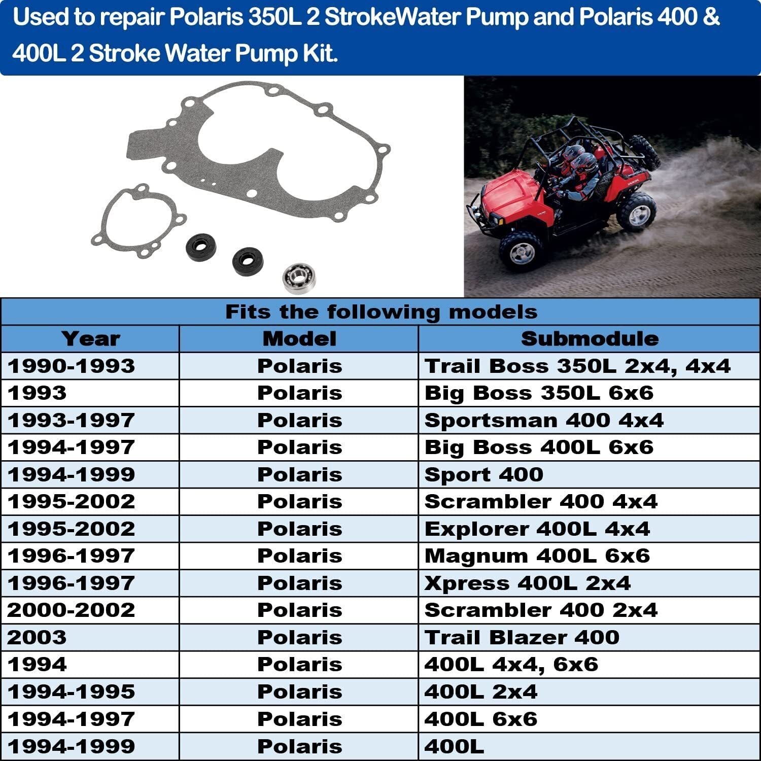 For Polaris Water Pump Rebuild Kit Bearing, Seal & Gaskets 400 & 400L 2 Stroke
