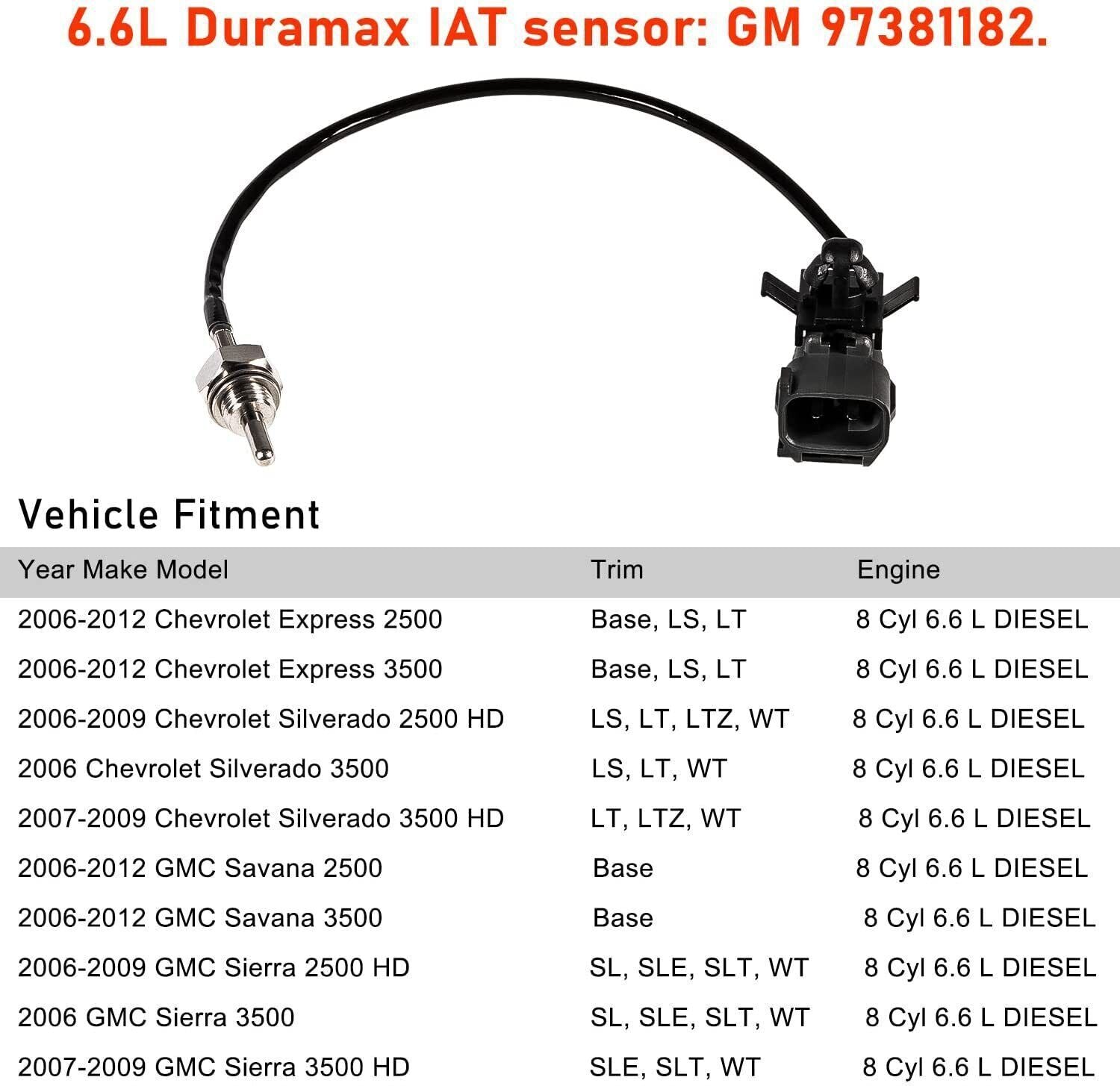 Intake Air Temperature Sensor 97381182 For 2006-2010 GM LBZ / LMM 6.6L Duramax