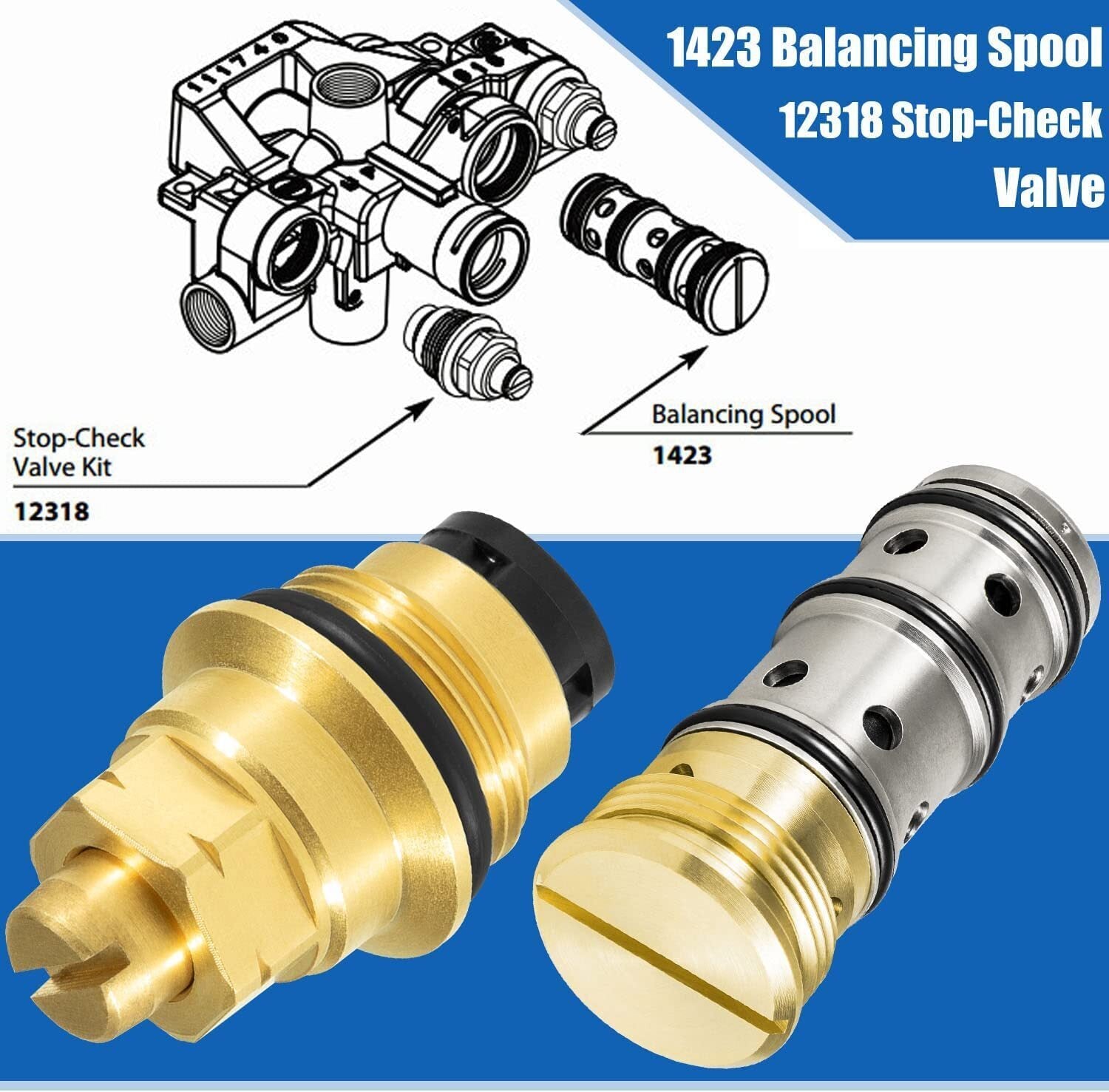 1423 Balancing Spool 132343 & 12318 Stop-Check Valve Kit for Moen Tub and Shower