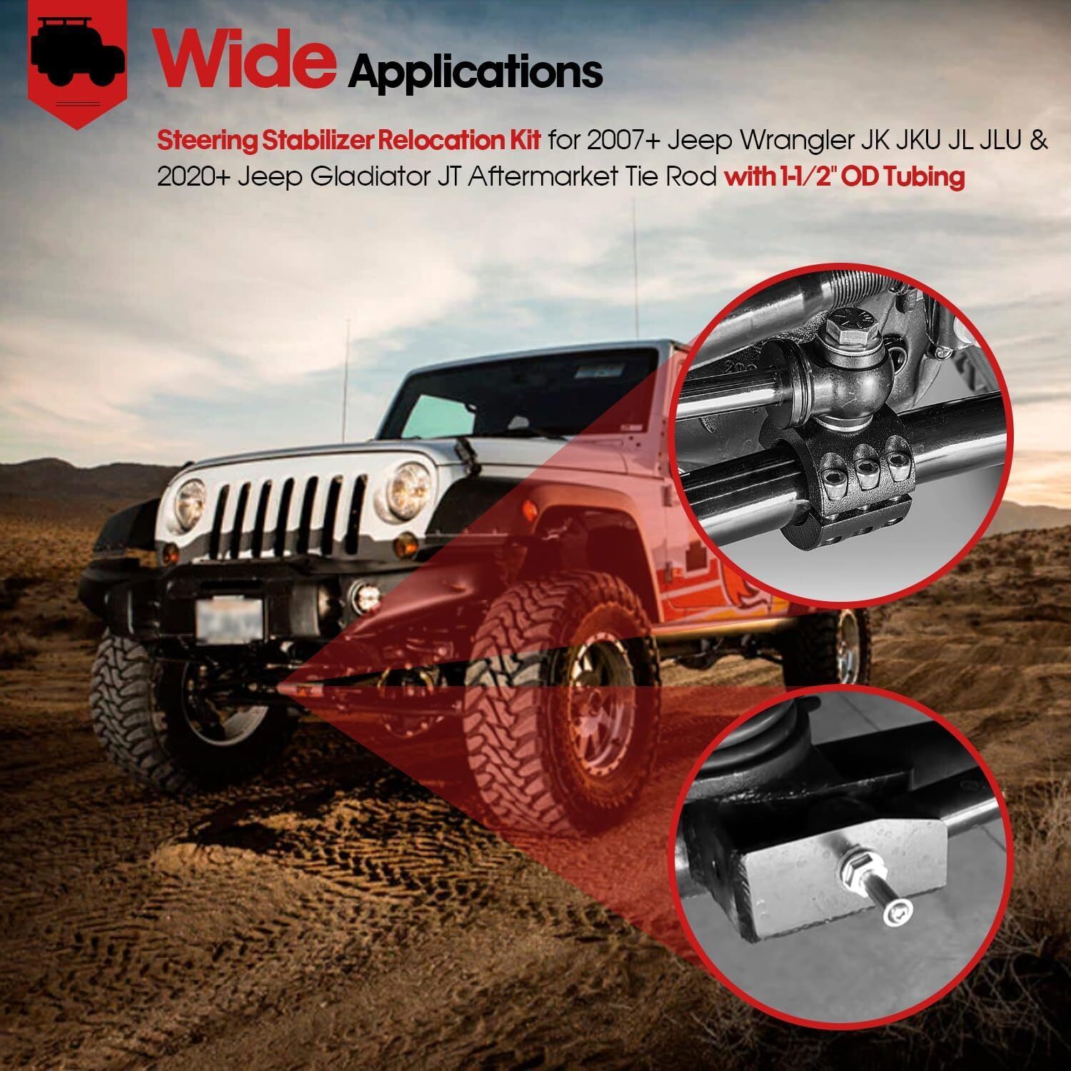 Steering Stabilizer Tie Rod Clamp Stud 1-1/2" OD Tube for Jeep Wrangler JL JT JK