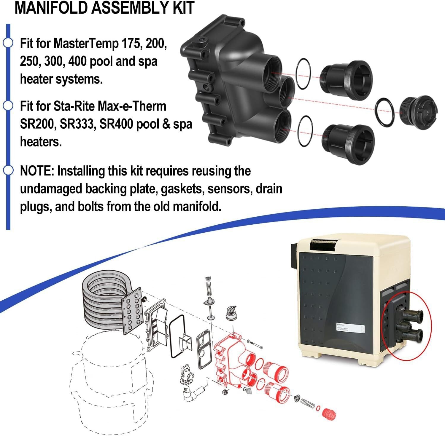 77707-0206 Pool Heater Manifold Body for Pentair MasterTemp,Sta-Rite Max-e-Therm