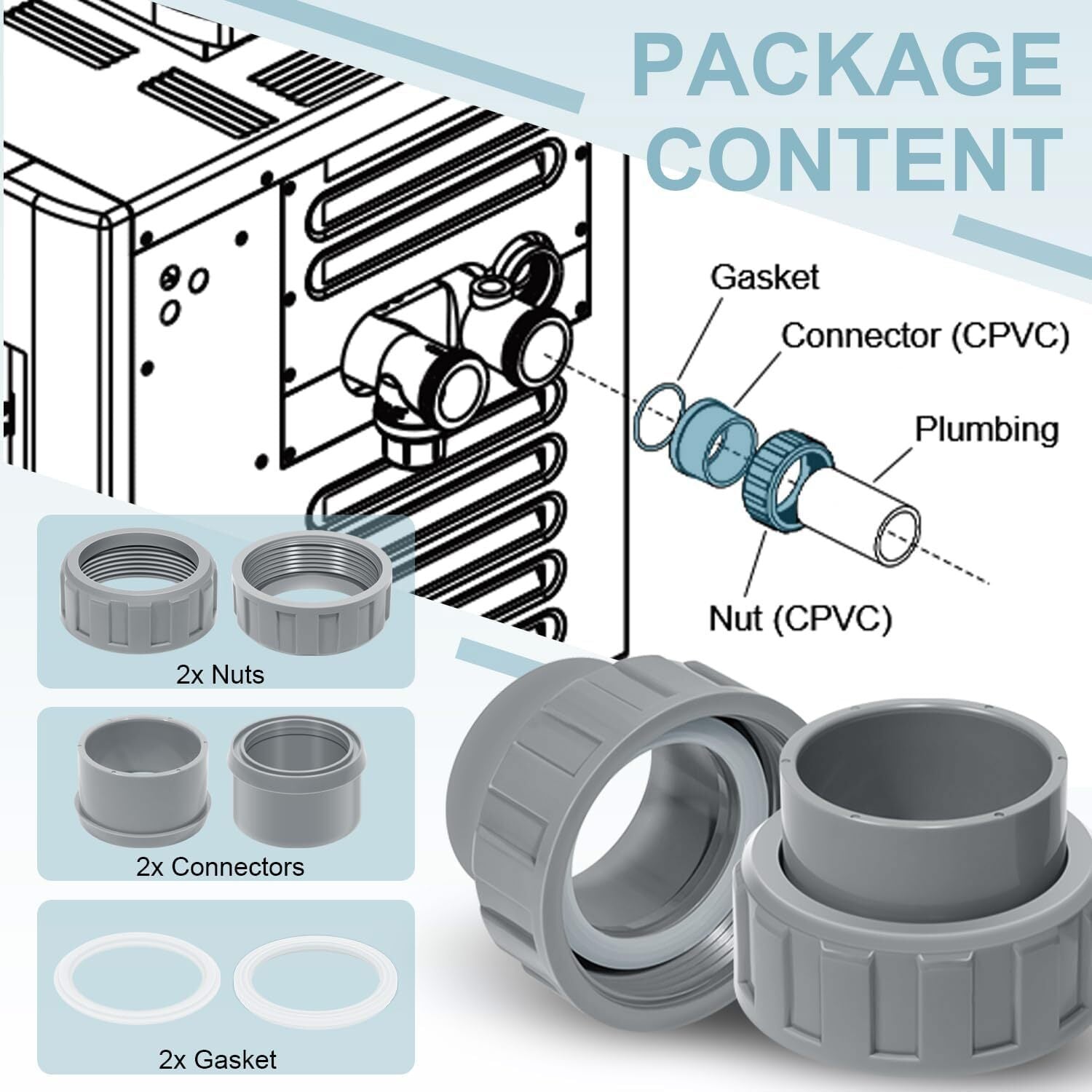 2 Pack 006723F 2" PVC Connector for Raypak Pool Heater Parts R185A R265A R335A
