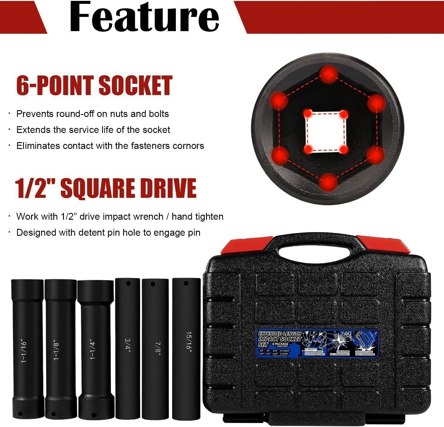 1/2" Drive Heavy Duty Extended Length Extra-Deep Length Impact Socket Set
