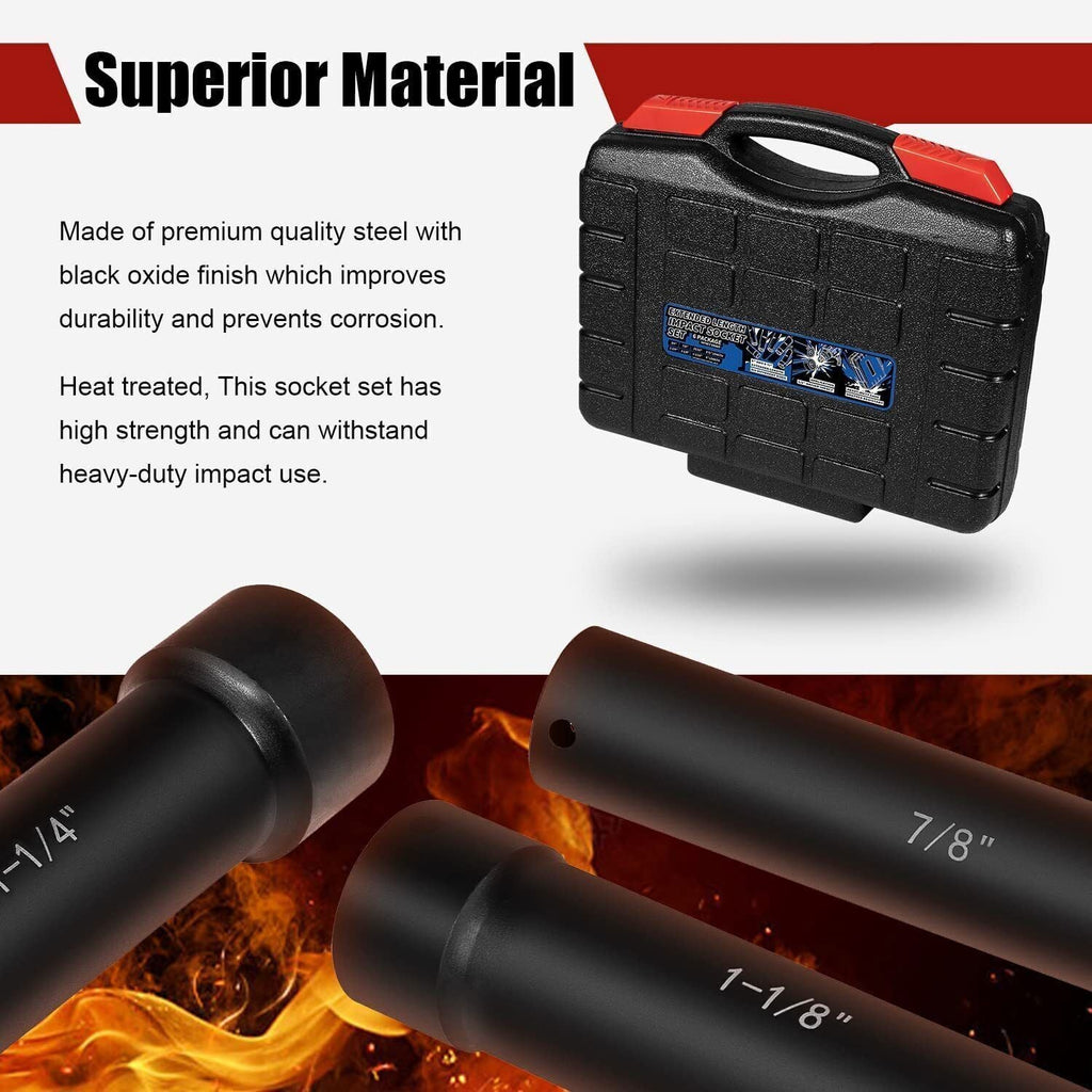1/2" Drive Heavy Duty Extended Length Extra-Deep Length Impact Socket Set