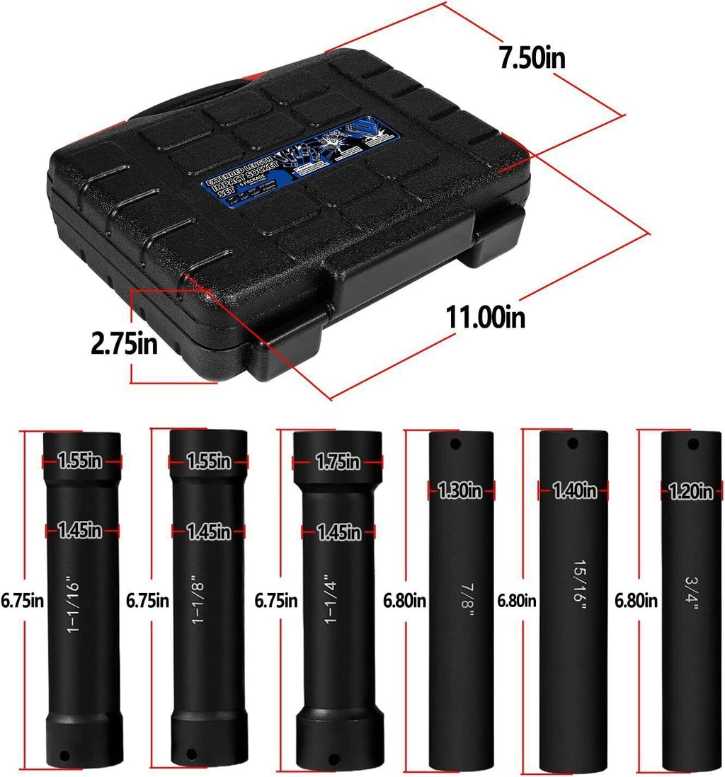 1/2" Drive Heavy Duty Extended Length Extra-Deep Length Impact Socket Set