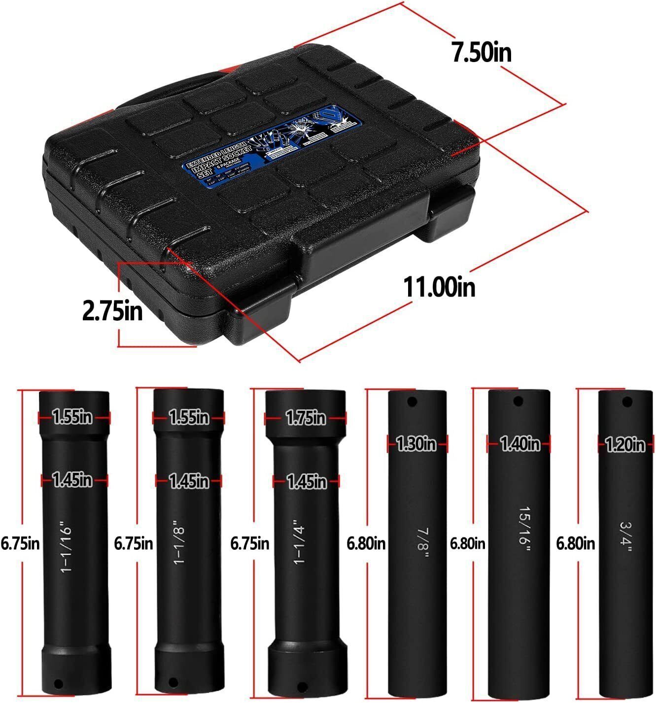 1/2" Drive Heavy Duty Extended Length Extra-Deep Length Impact Socket Set