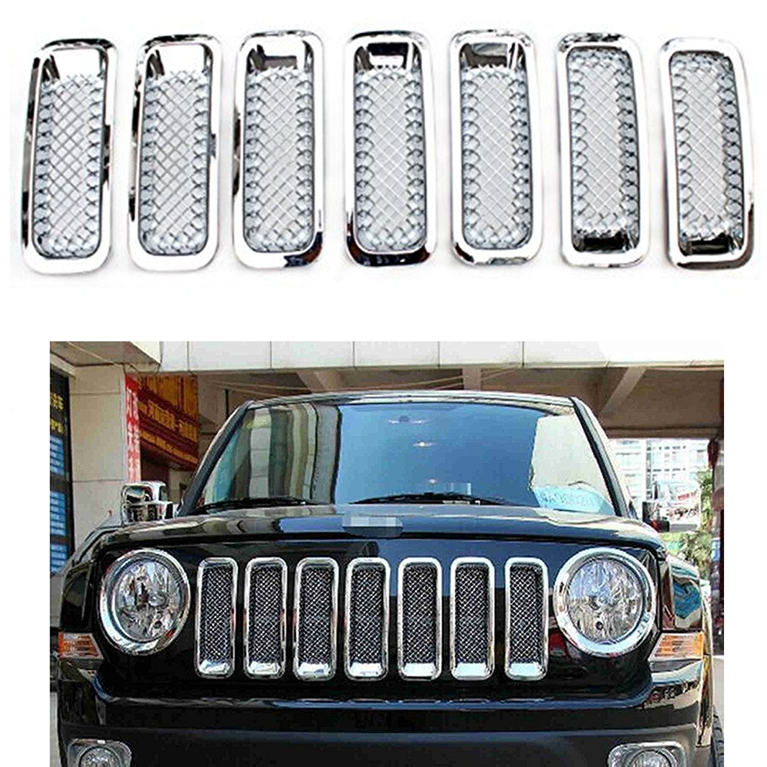 7Pcs Front Mesh Grille Grill Insert Cover Trim Frame For Jeep Patriot 2011-2018