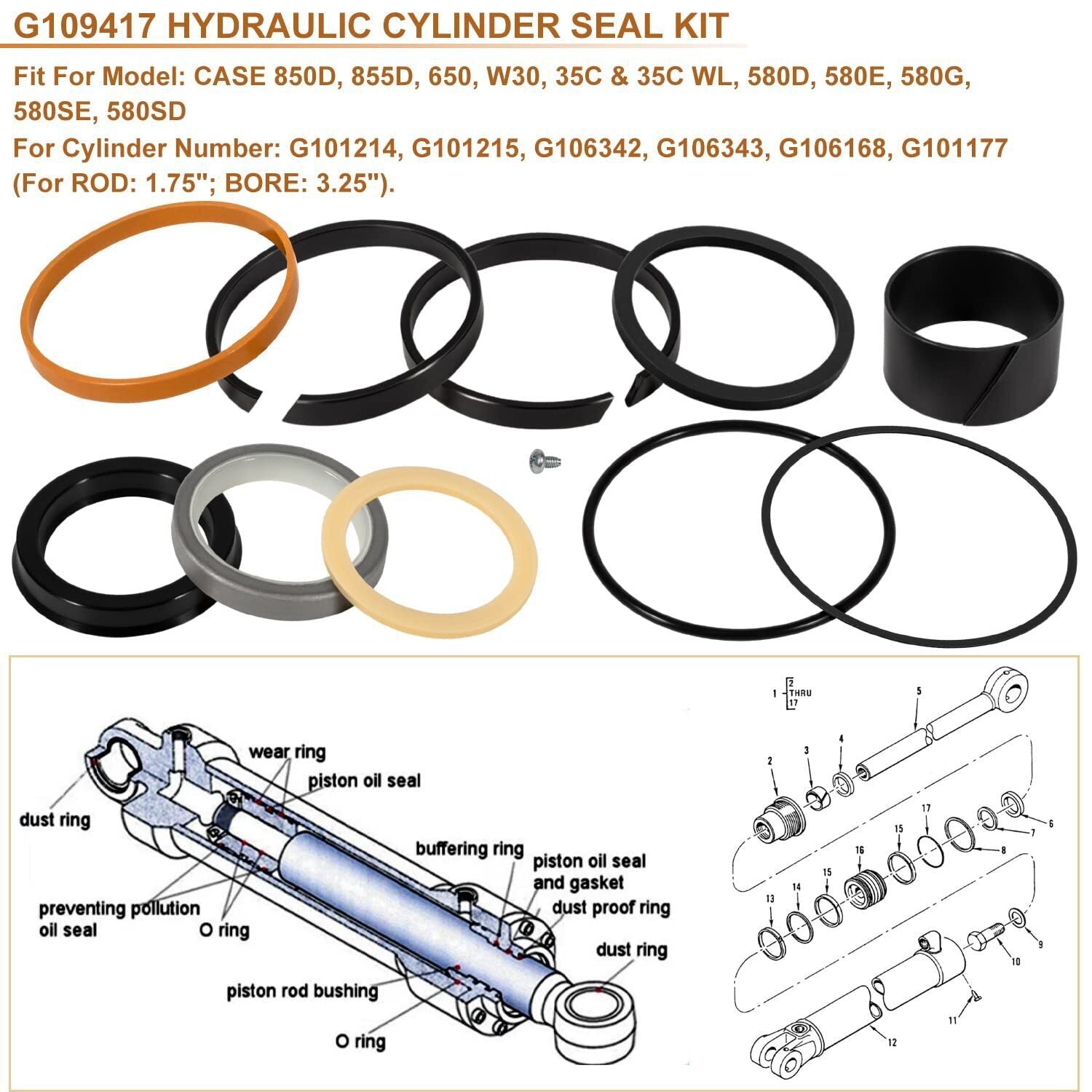 G109417 Hydraulic Cylinder Seal Kit for Case 35CWL 580D 580E 580G 580SD 580SE