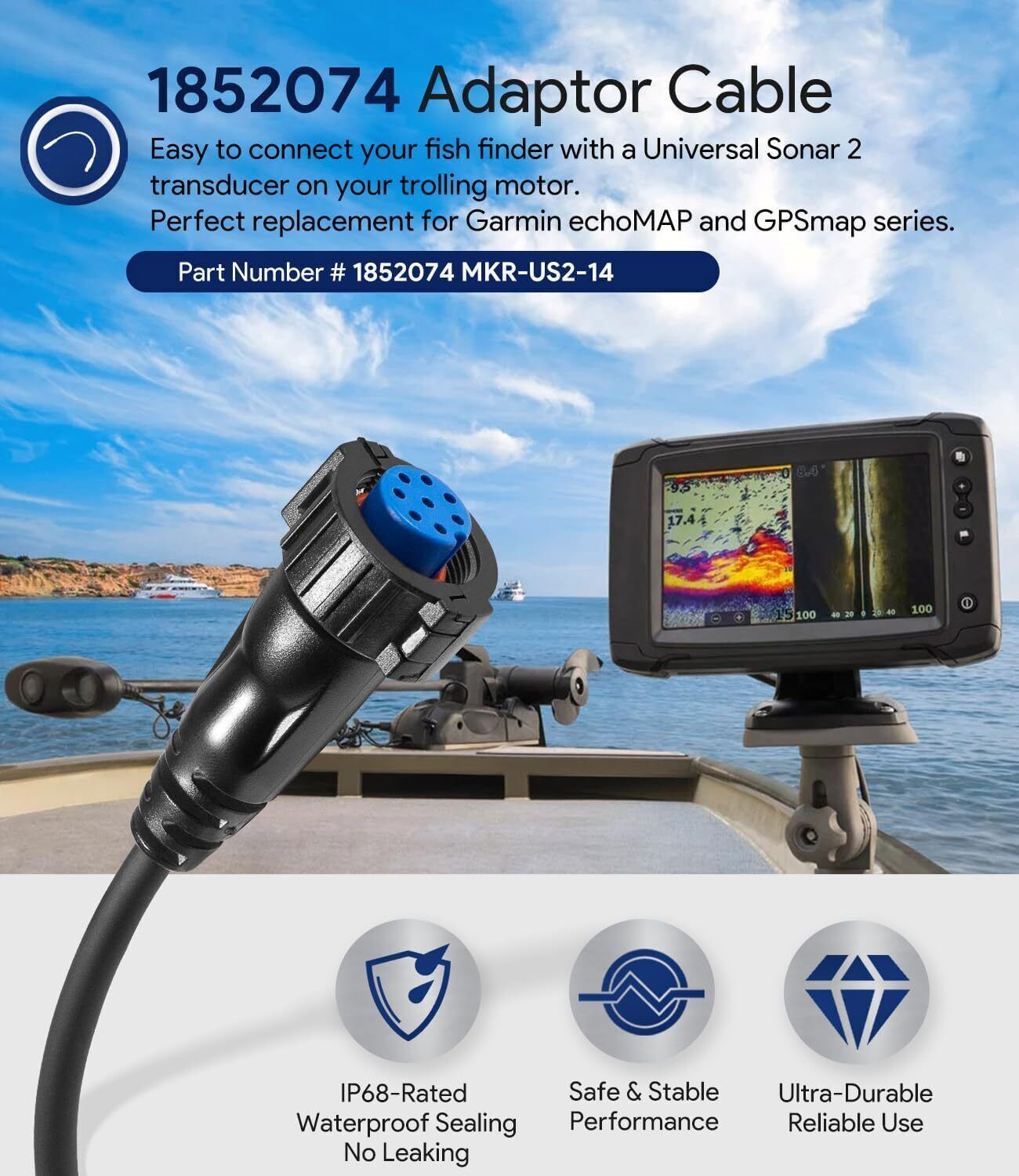 for Minn Kota MKR-US2-14 Garmin 8 Pin Adapter Cable 1852074 Sonar 2 Adapter Plug