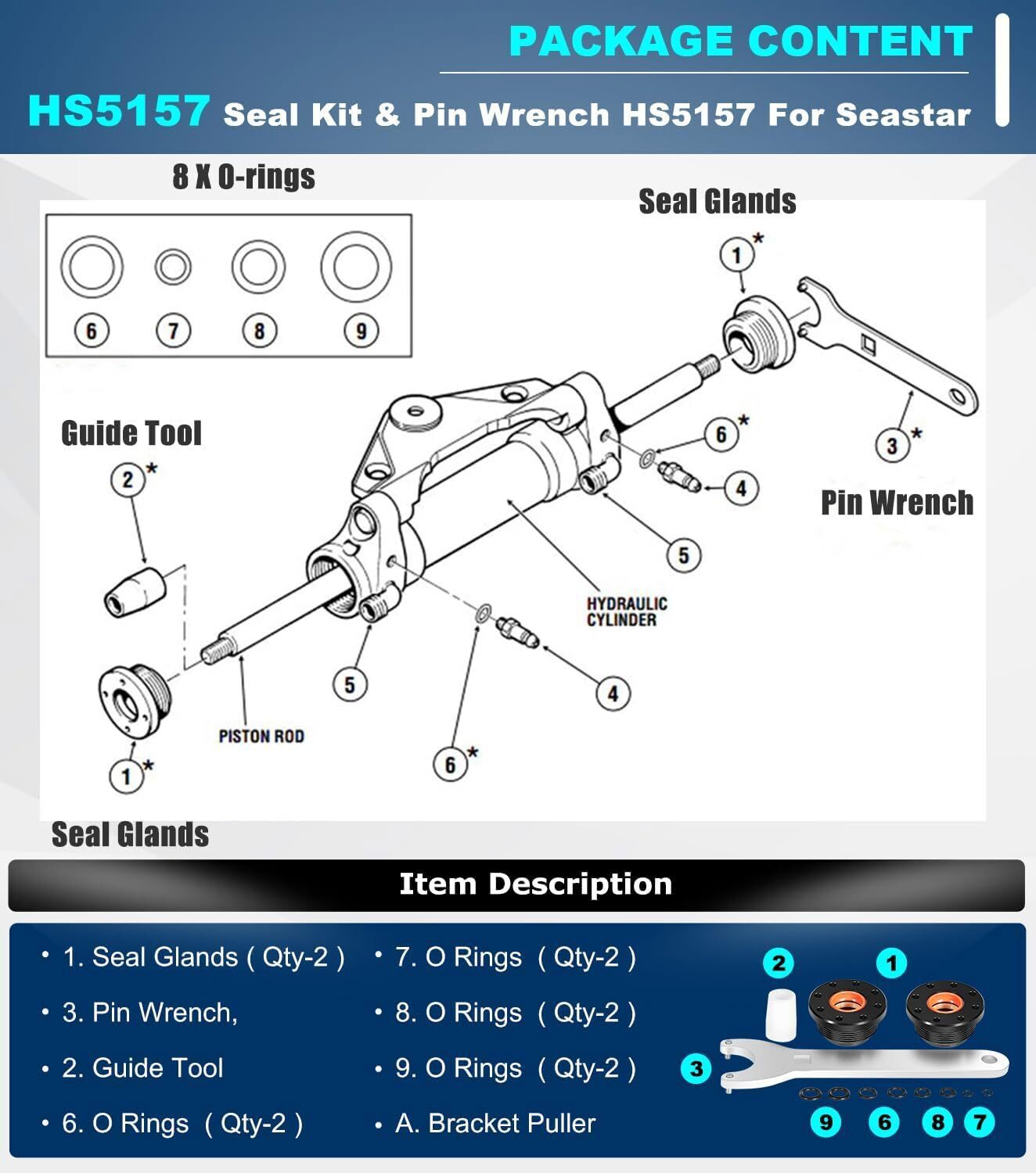 Front Mount Hydraulic Steering Cylinder Seal Kitfor SeaStar HC5345 HC5358 HC5340