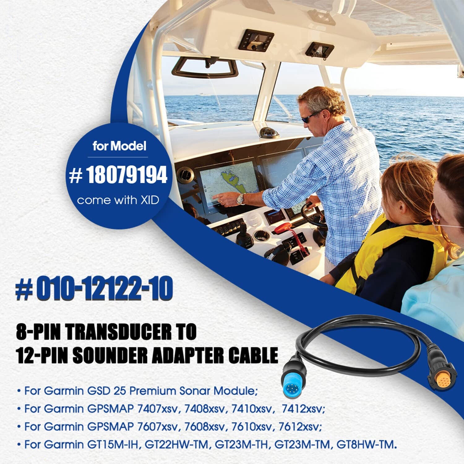 For GARMIN 8-Pin Transducer to 12-Pin Sounder Adapter Cable w/ XID 010-12122-10