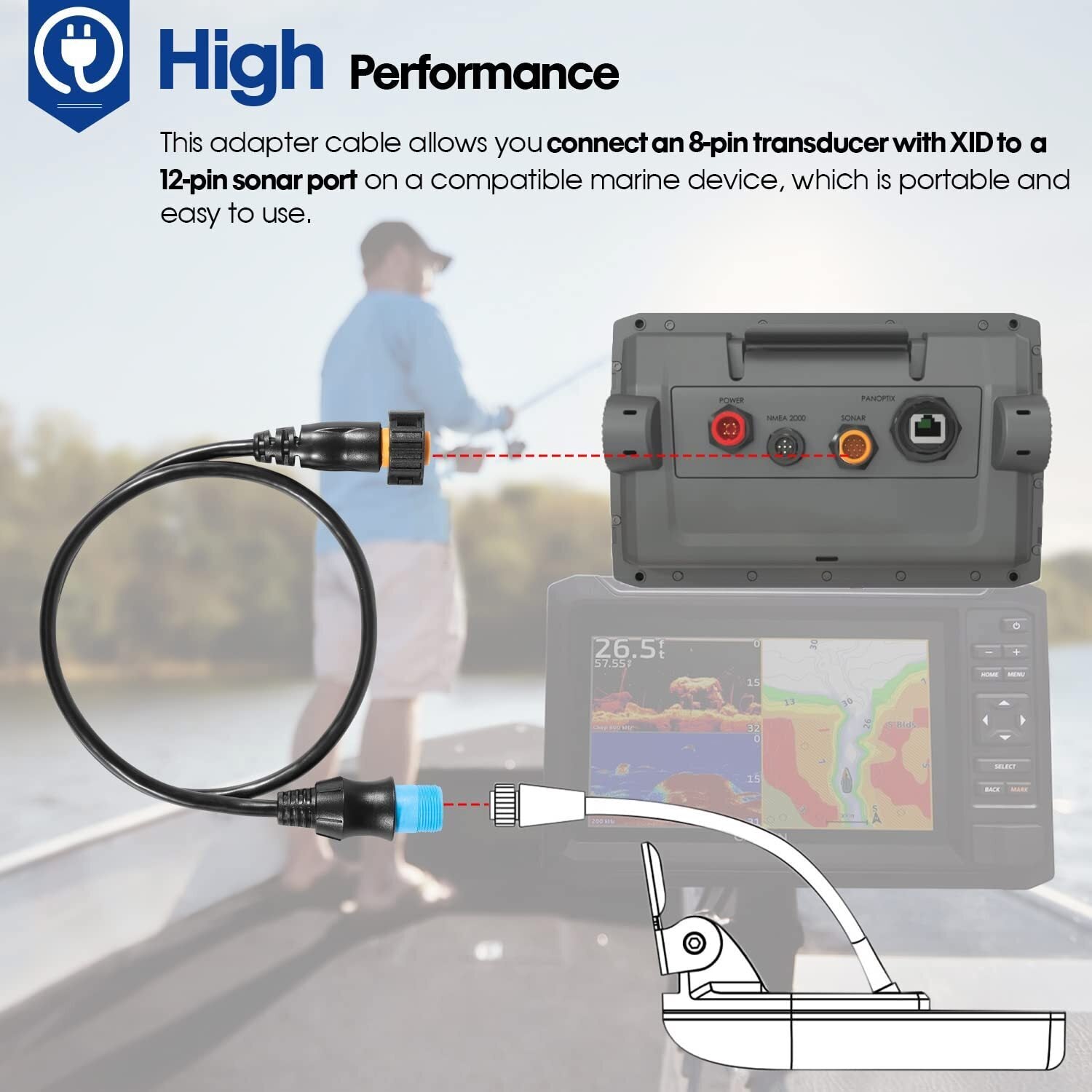 For GARMIN 8-Pin Transducer to 12-Pin Sounder Adapter Cable w/ XID 010-12122-10