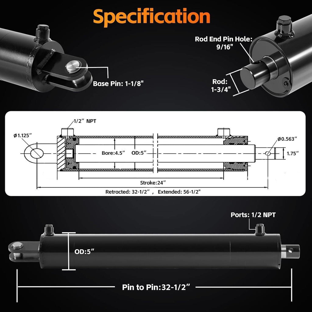 4.5" Bore x 24" Stroke Hydraulic Cylinder Welded Double Acting For Log Splitter