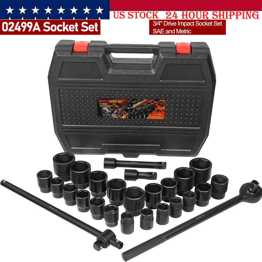 27Pcs 3/4-Inch Drive SAE & Metric Impact Socket Set for Trailers Trucks Tractors