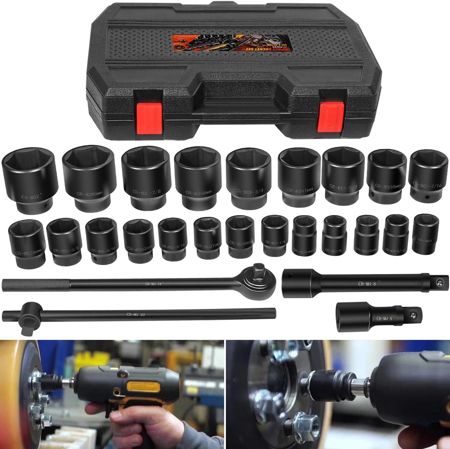 27Pcs 3/4-Inch Drive SAE & Metric Impact Socket Set for Trailers Trucks Tractors