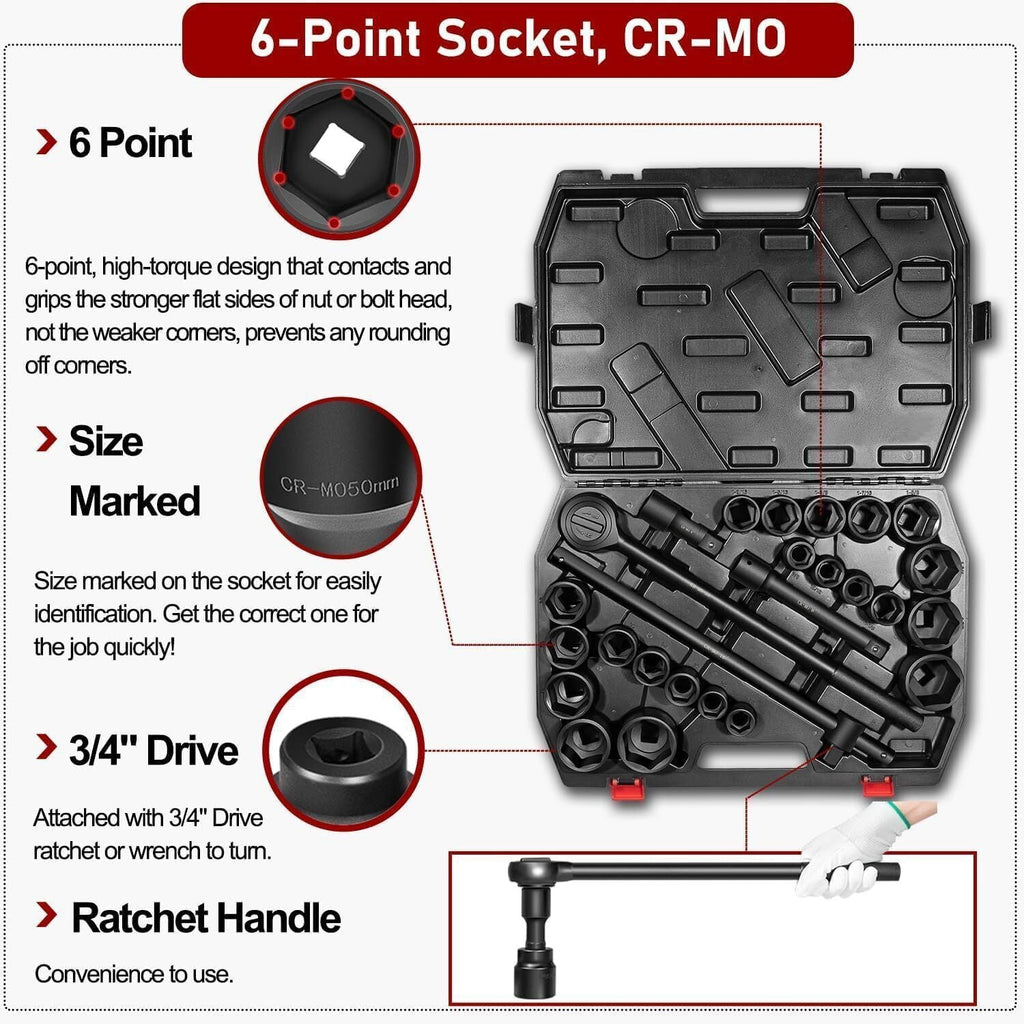27Pcs 3/4-Inch Drive SAE & Metric Impact Socket Set for Trailers Trucks Tractors