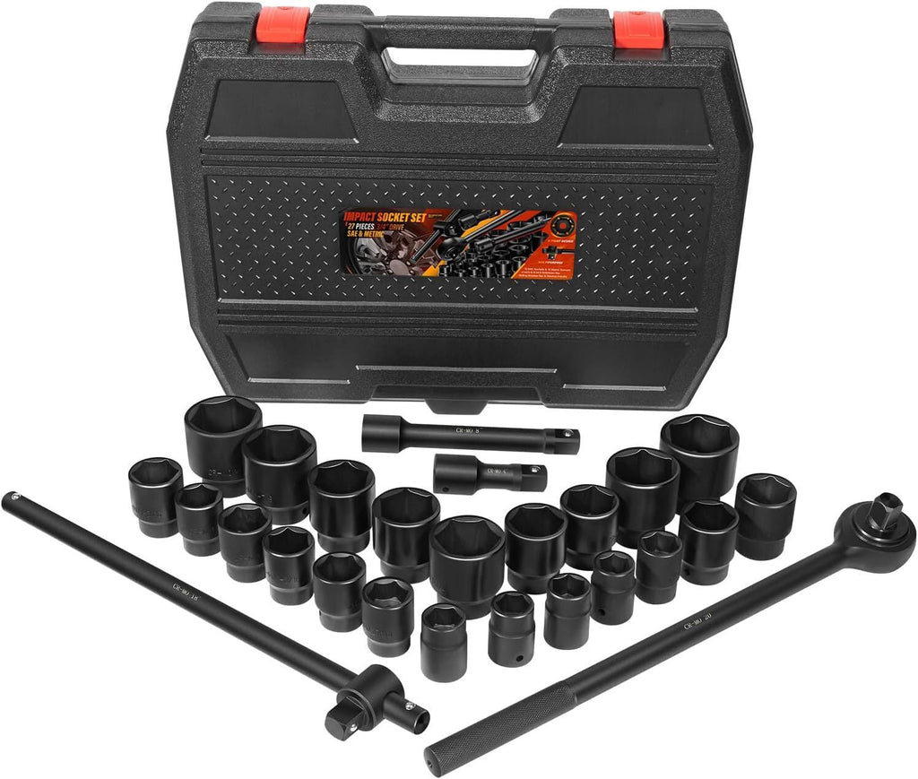27Pcs 3/4-Inch Drive SAE & Metric Impact Socket Set for Trailers Trucks Tractors
