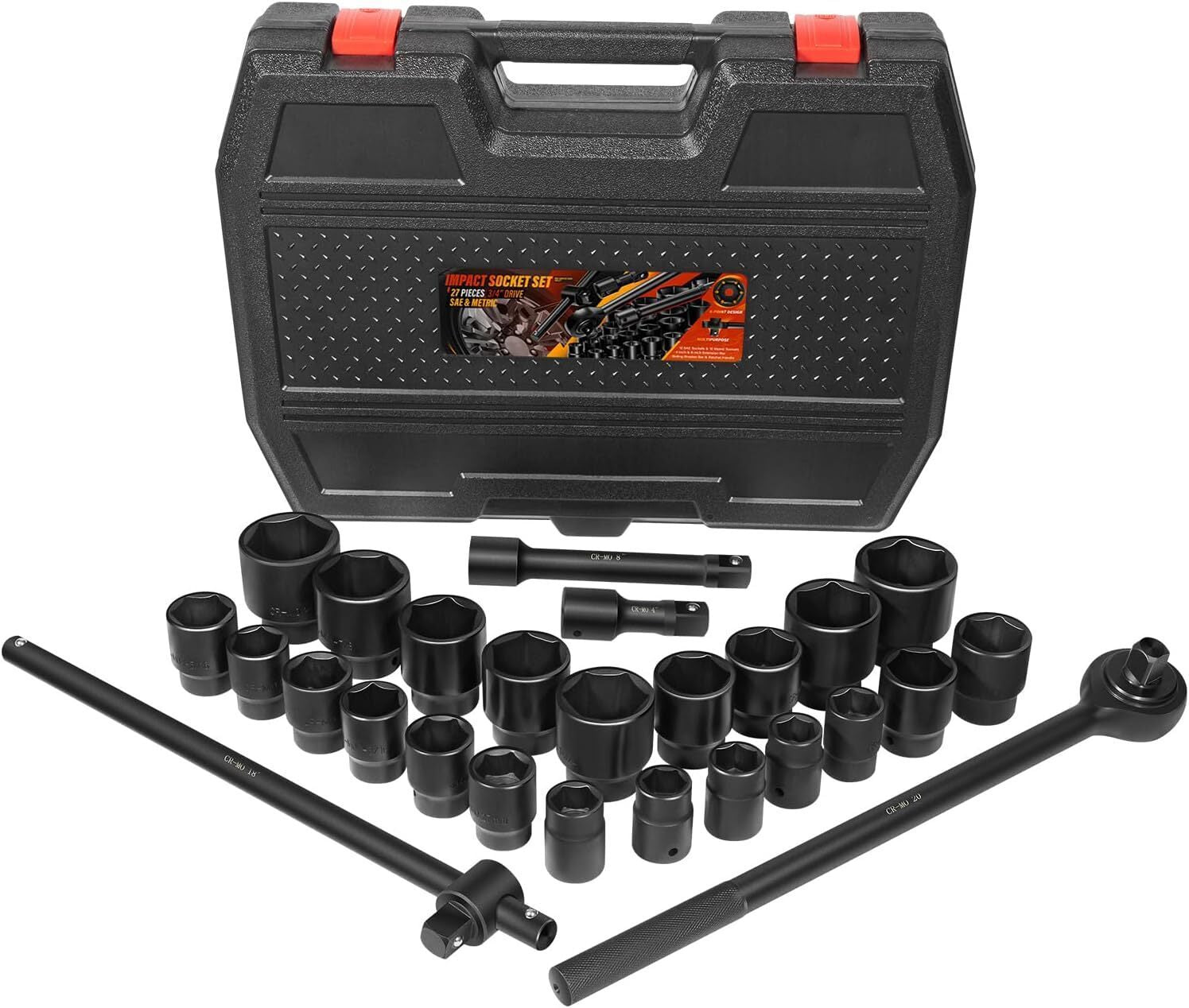 27Pcs 3/4-Inch Drive SAE & Metric Impact Socket Set for Trailers Trucks Tractors