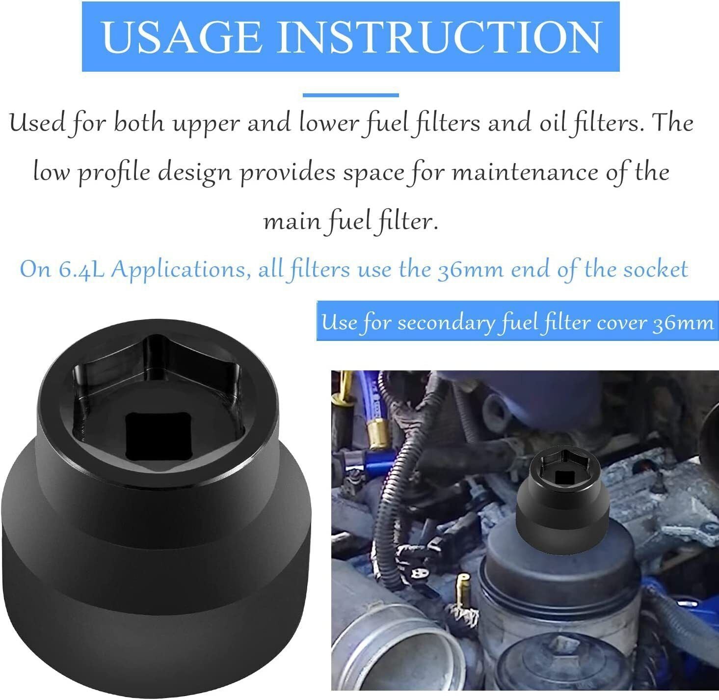Fuel Oil Filter Socket Cap for 2003-2010 Ford 6.0L / 6.4L Powerstroke Diesel