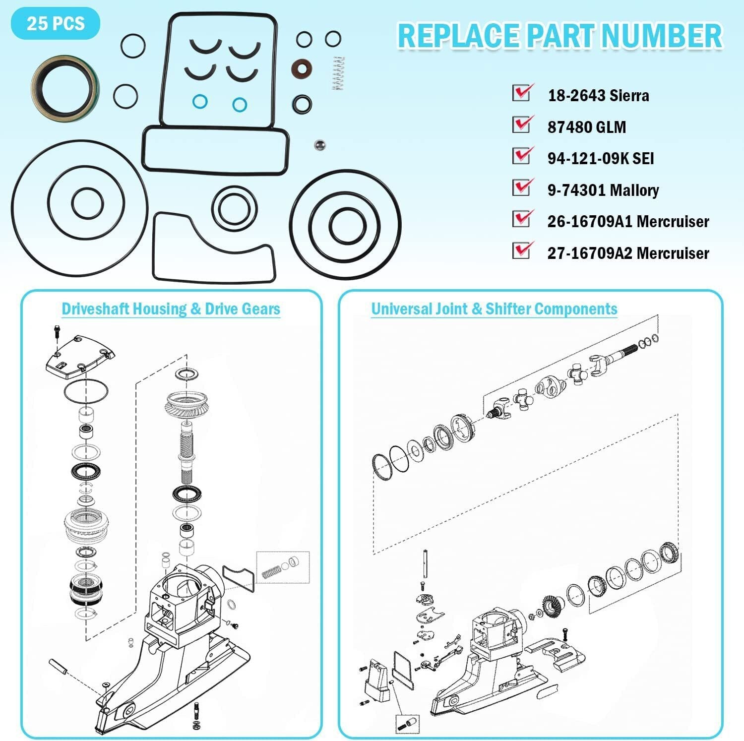 Upper Seal Kit for Mercruiser Bravo 1 2 & 3, X, XR, XZ Sterndrive #26-16709A2