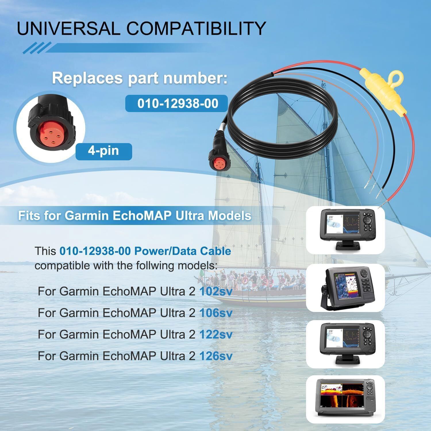 For Garmin ECHOMAP Ultra 4-pin Threaded Power Data Cable 010-12938-00