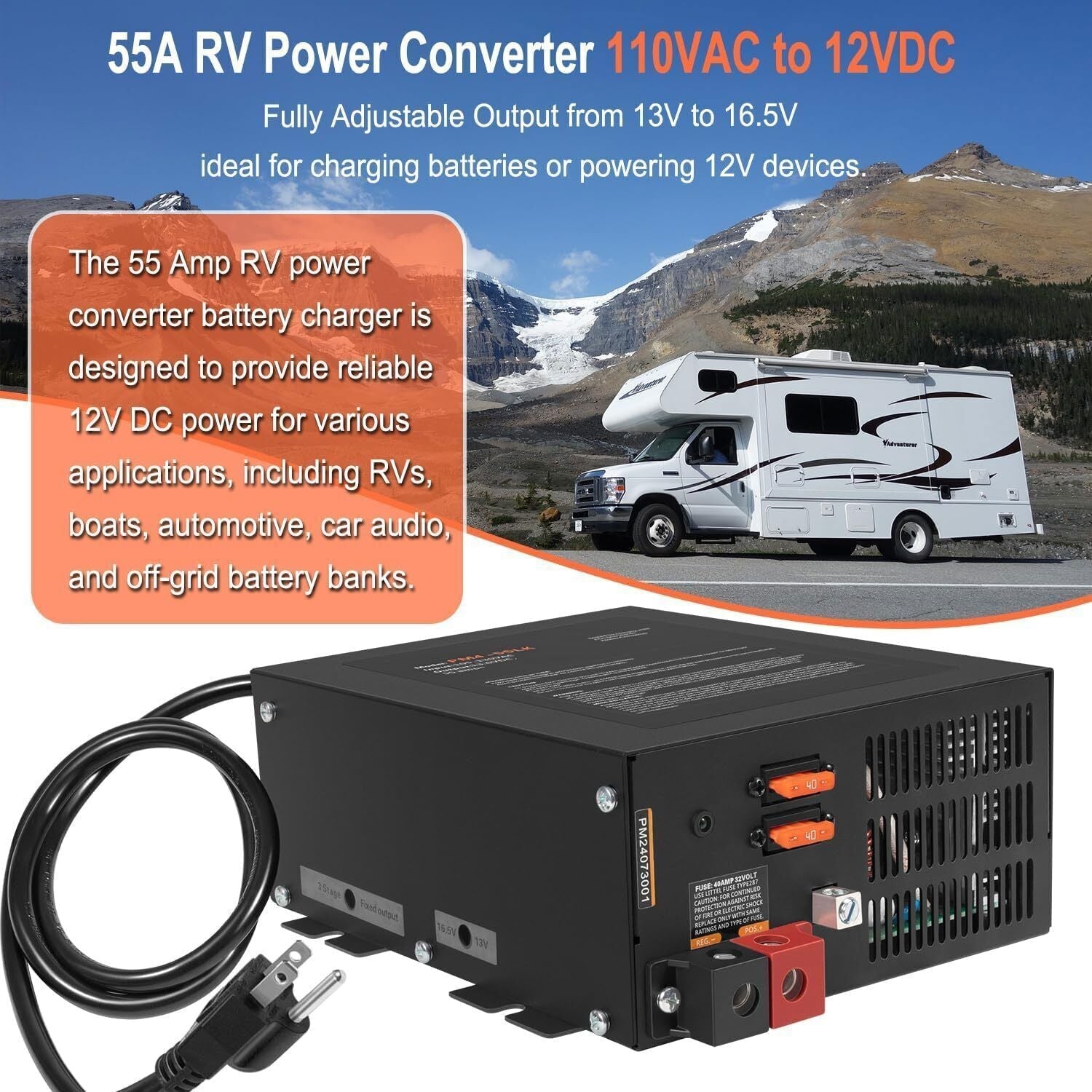 55 Amp RV Power Converter, 110VAC to 12VDC, 55A RV Power Converter Charger, Lith