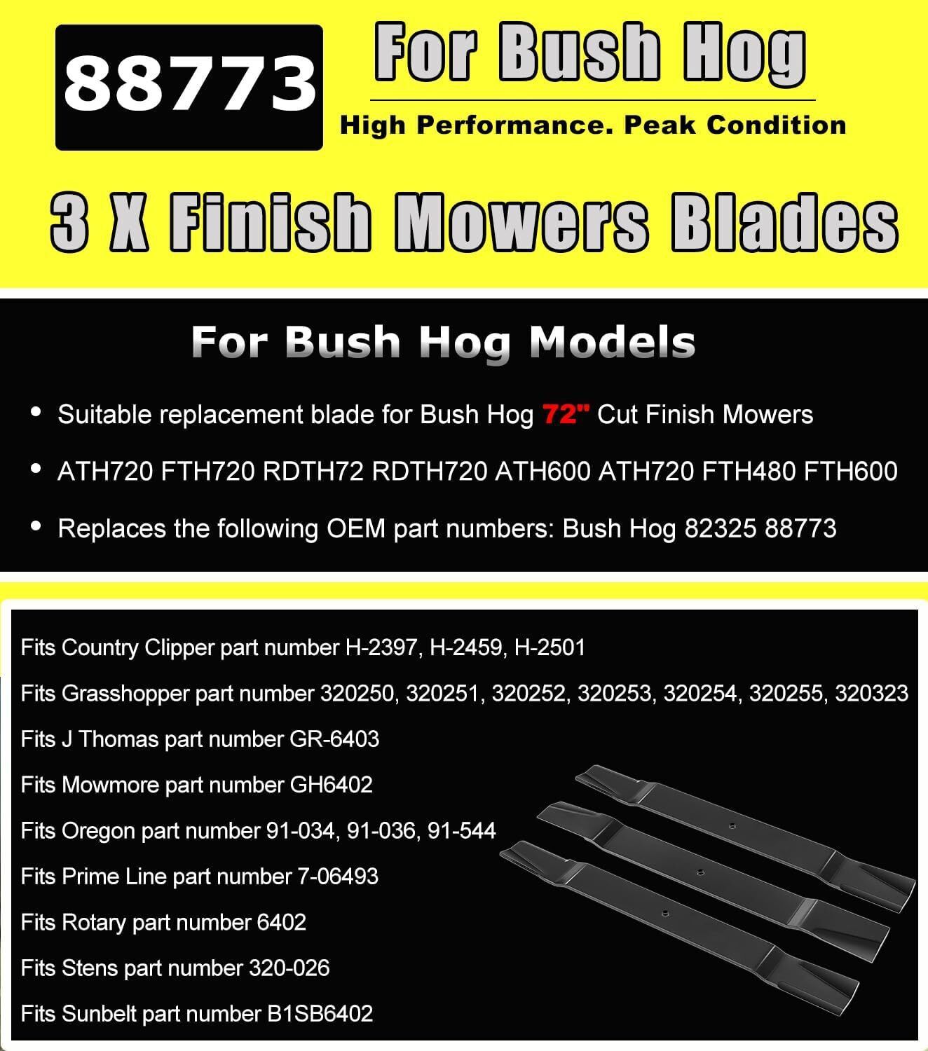 72" Finish Mower Blades for Bush Hog ATH720/RDTH720/FTH720 88773 82325 (3 Blade