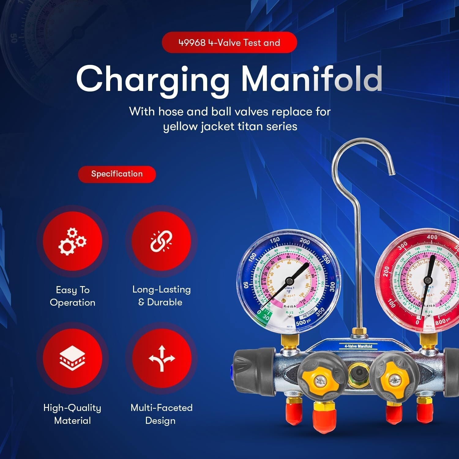 For Yellow Jacket 4-Valve 49968 Test and Charging Manifold Gauges R-22/404A/410A