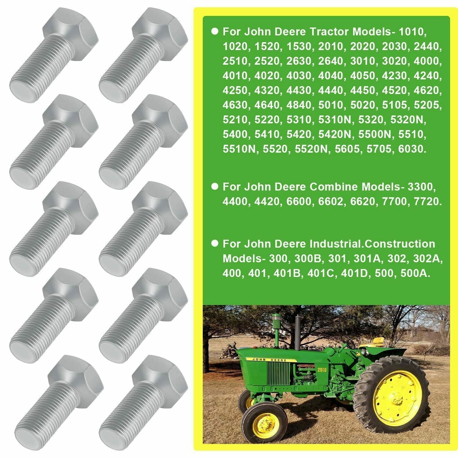 JD16 Front Wheel Hub Lug Bolts 9/16-18 x 1-1/8" Fit for John Deere Tractor 10PCS