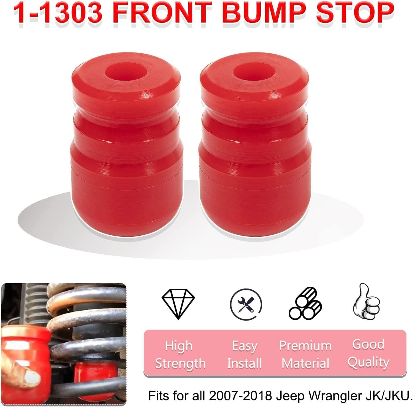 1-1303 Polyurethane Front Bump Stop for 2007-2018 Jeep Wrangler JK/JKU 2pcs Red