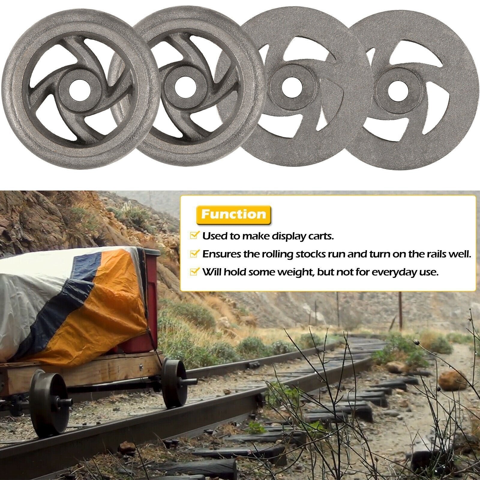 4PCS Cast Iron Cart Wheels Caster Set for Large Model Mine Ore Car Mining 7 1/4"
