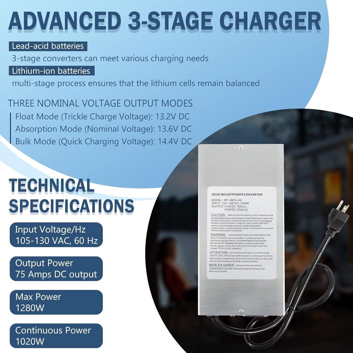 WFCO 75 Amp Deck Mount Power Converter Charger Corded RV Trailer Camper WF-9875