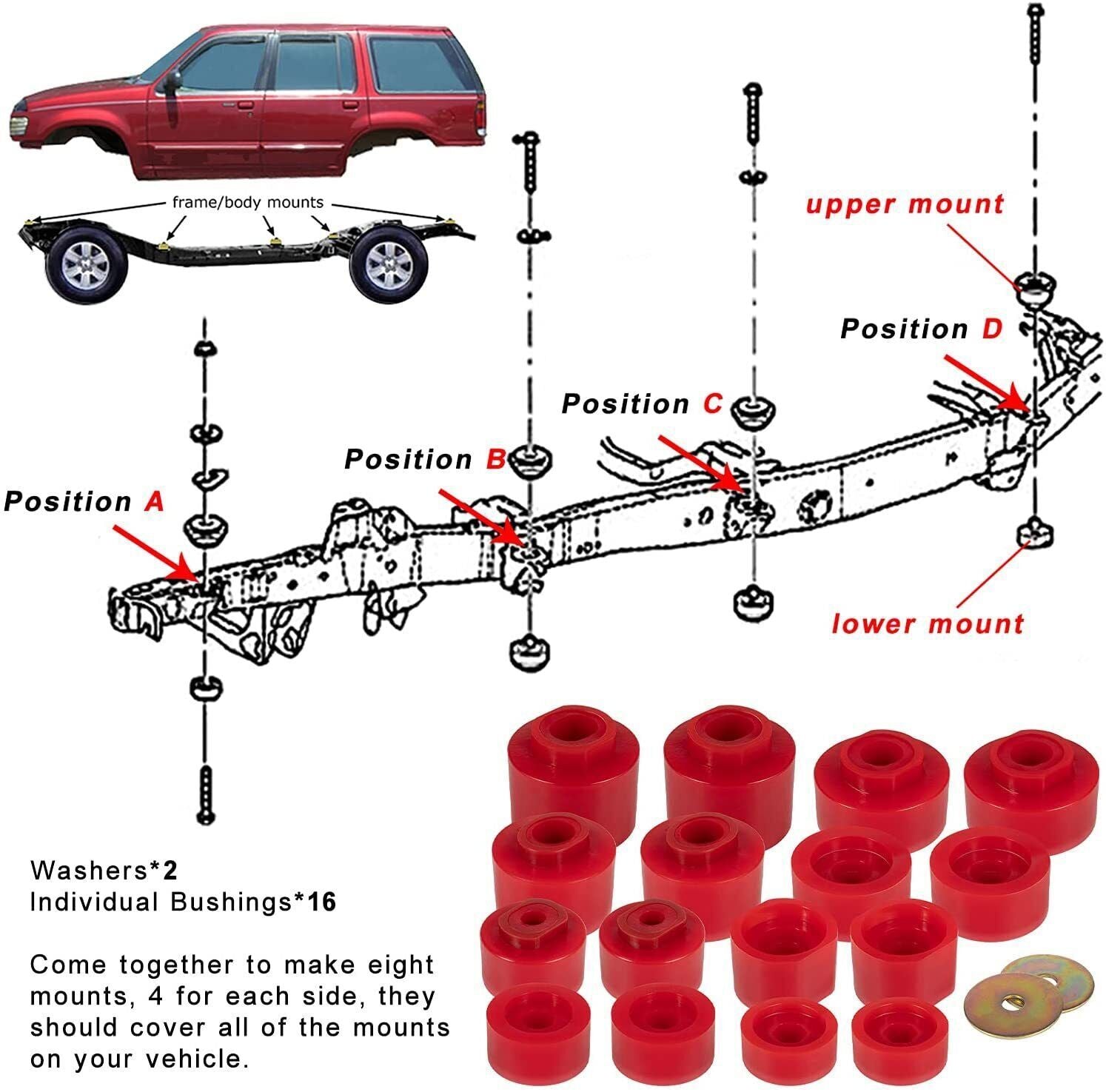 6-116 Body Mount Bushing Kit for Ford Explorer Sport Trac 2001-2005 2WD 4WD Red