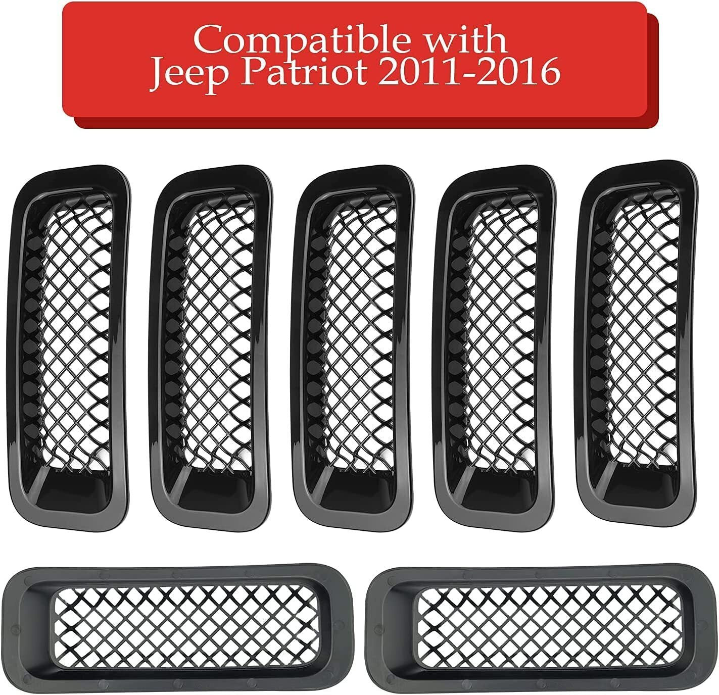 7pcs Black Front Mesh Grille Grill Insert Trim Kit for Jeep Patriot 2011-2018