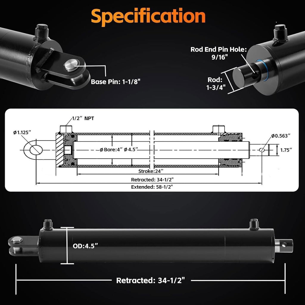Hydraulic Cylinder Welded Double Acting 4" Bore 24" For Log Splitter 3500 PSI