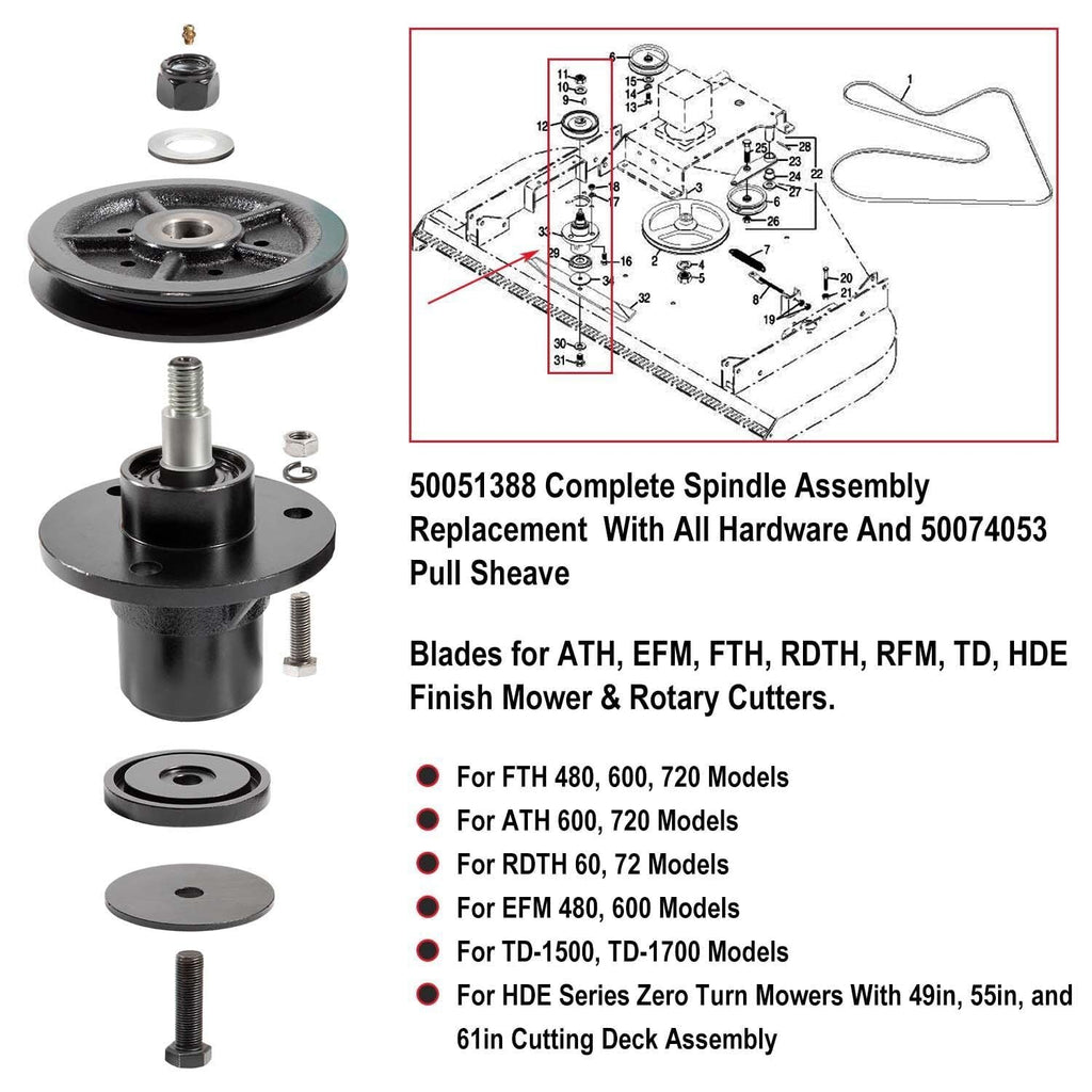 Complete Spindle Assembly 50051388 Parts For Bush Hog RDTH FTH ATH EFM TD Mowers