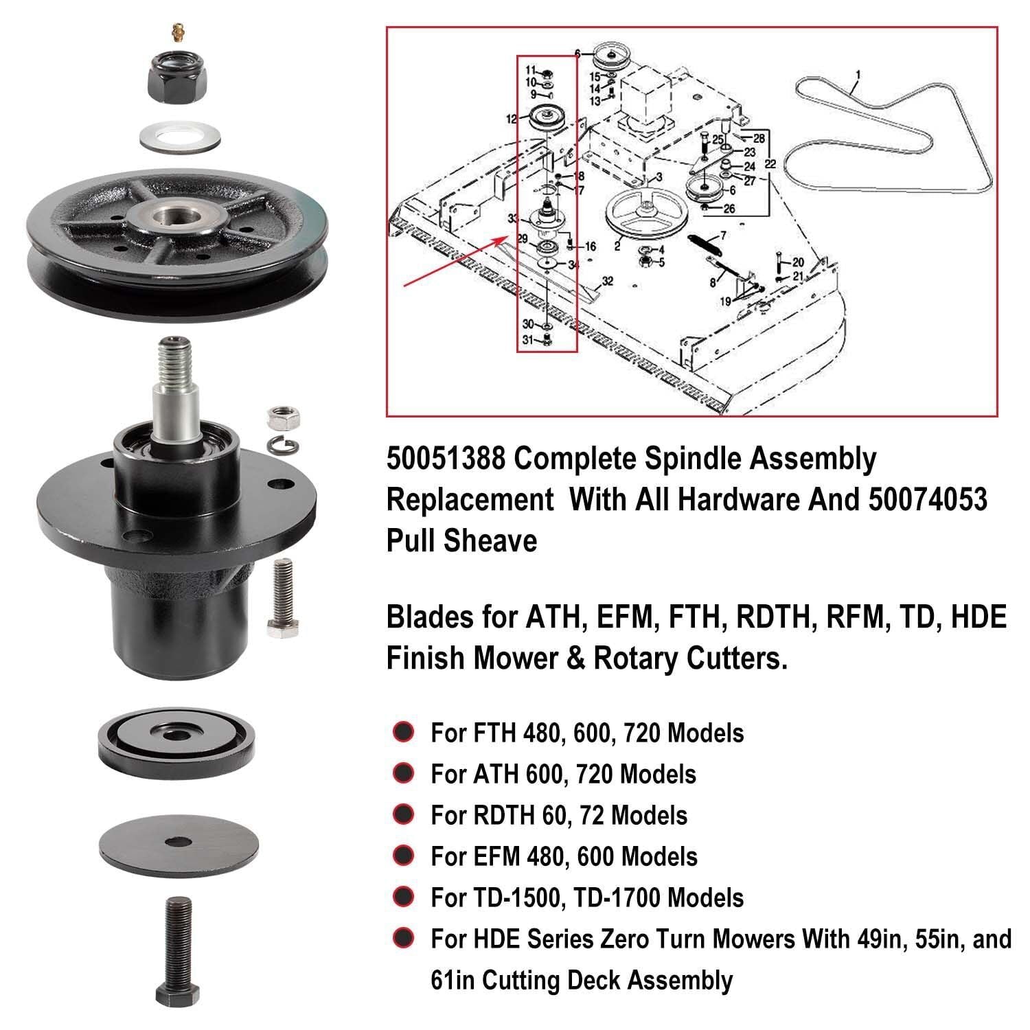 Complete Spindle Assembly 50051388 Parts For Bush Hog RDTH FTH ATH EFM TD Mowers