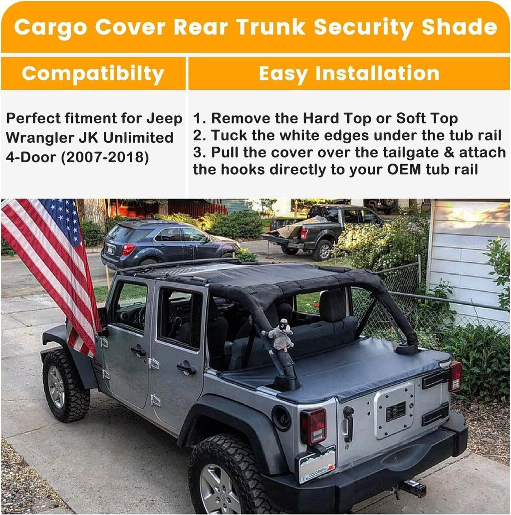 Cargo Cover Tonneau Cover Shield for 2007-2018 Jeep Wrangler JK Unlimited 4-Door