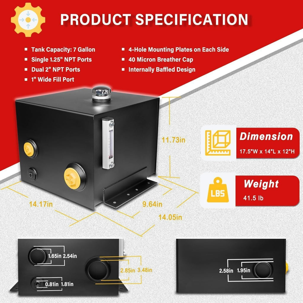 7-Gallon Hydraulic Fluid Reservoir Tank 14 Gauge Steel for Hydraulic Systems