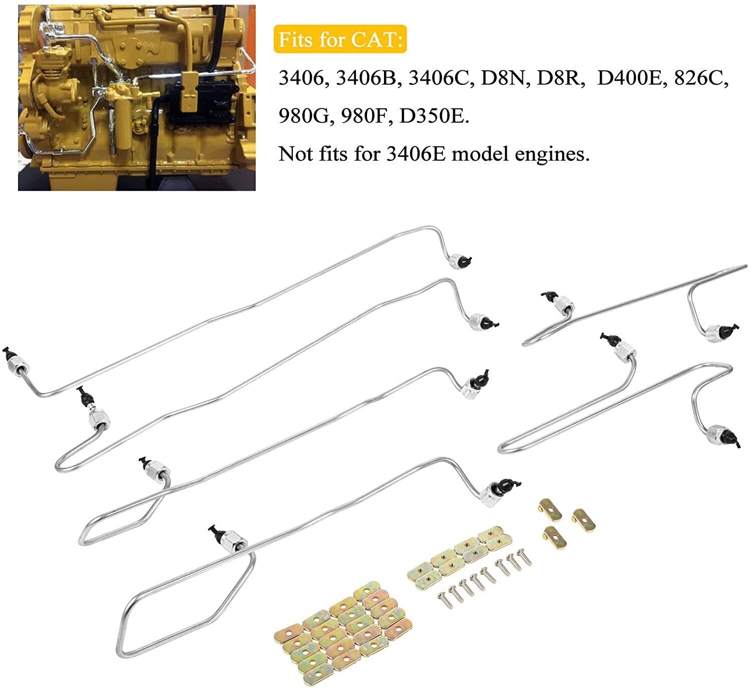 6 Pcs Fuel Injection Line Kit w/ Clamps for CAT Caterpillar 3406B 3406C 1917942