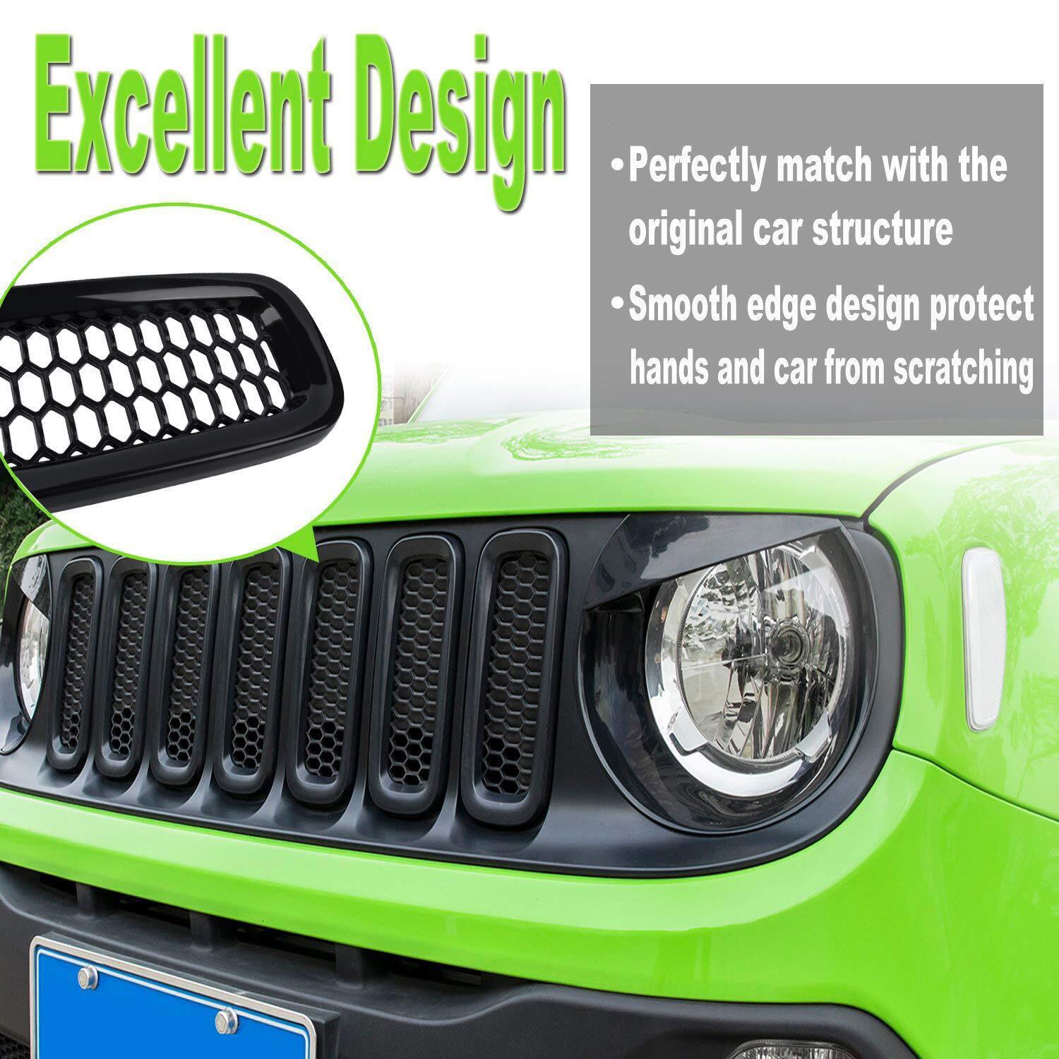 7X Front Grill Mesh Black Grille Insert Cover Guard for Jeep Renegade 2015-2018