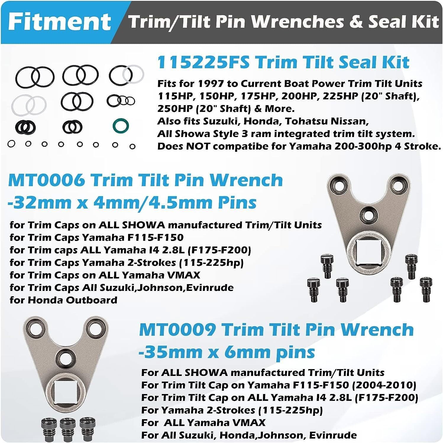 115225FS Seal Kit Trim/Tilt Cap +Trim/Tilt Pin Wrench MT0006 & MT0009 for Yamaha