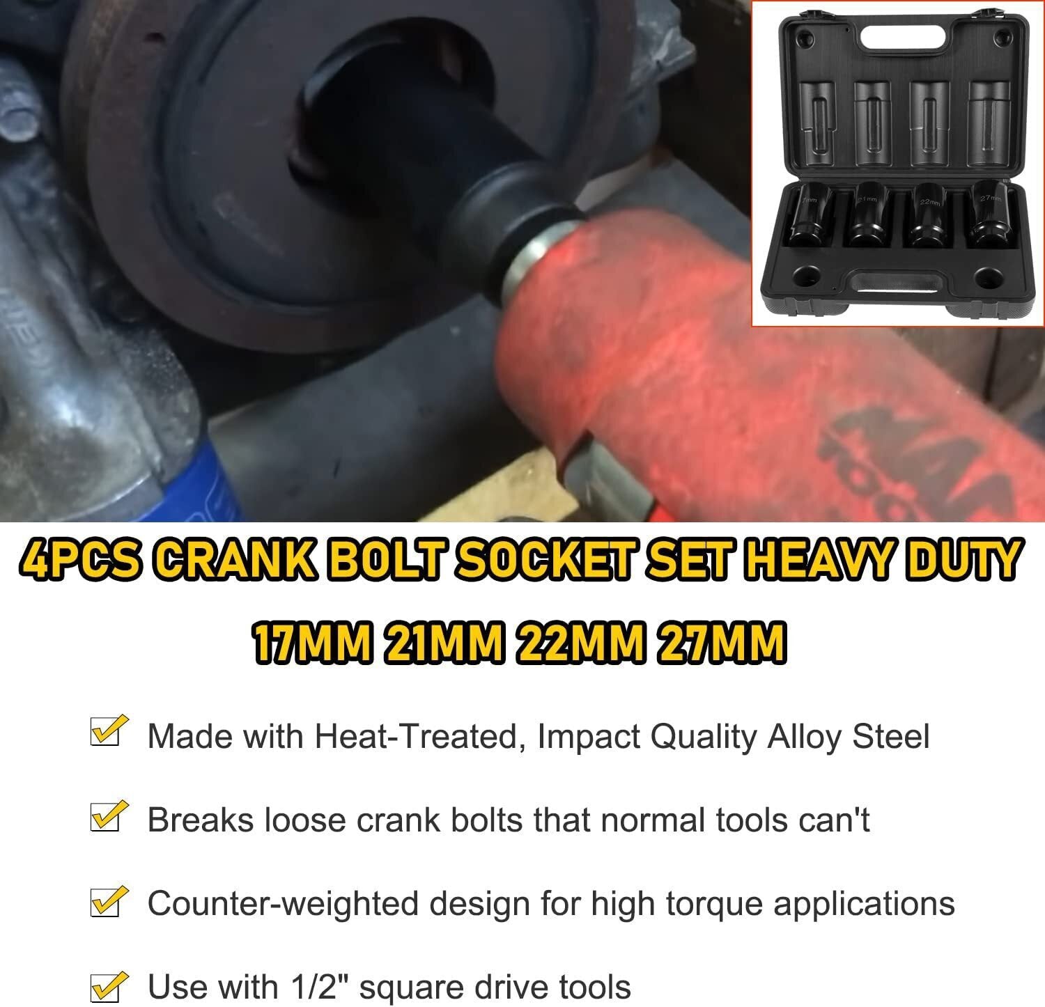 17MM 21MM 22M 27MM Harmonic Balancer Socket Set, Crank Bolt Socket Removal Tool
