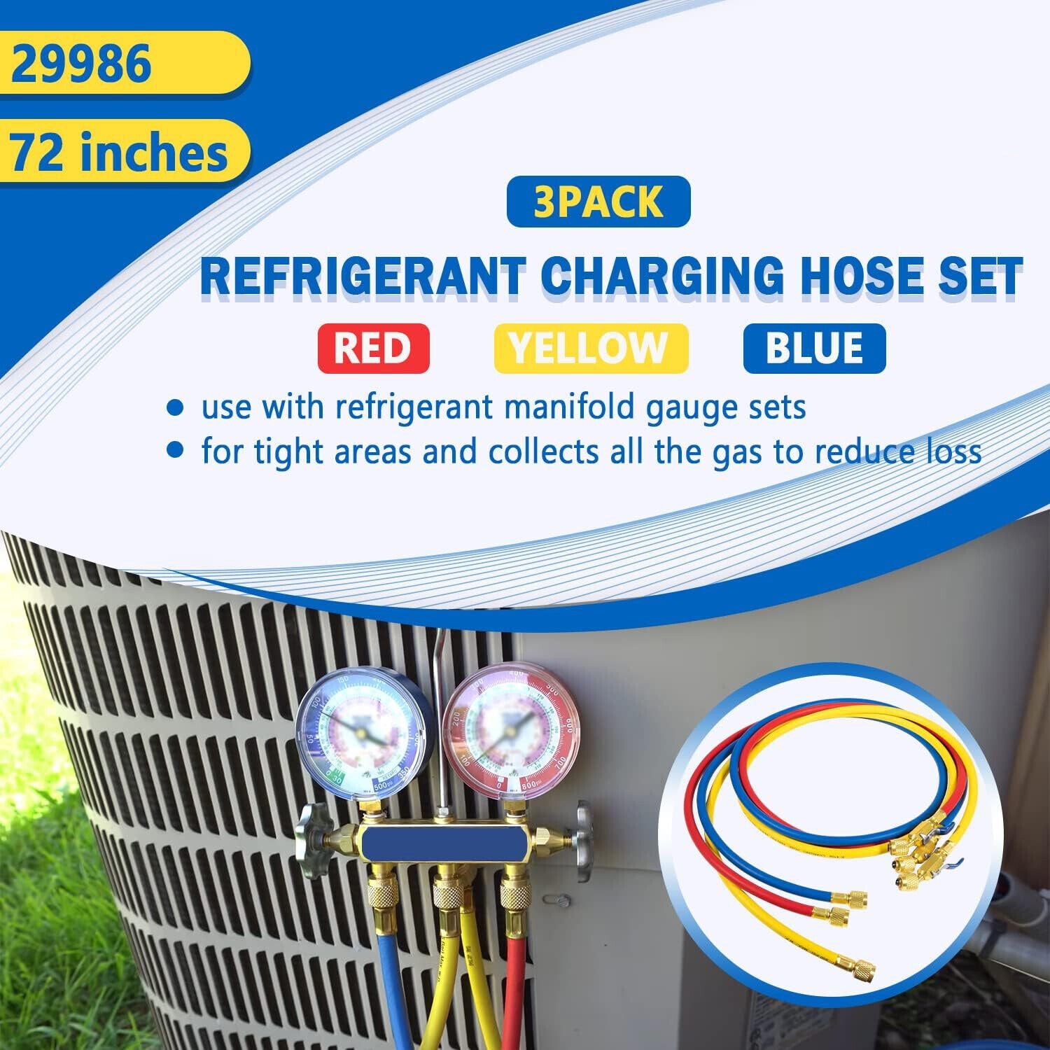 29986 Plus II 1/4" Red Blue Yellow Charging Hose Compact Ball Valve 72" 3 Pack
