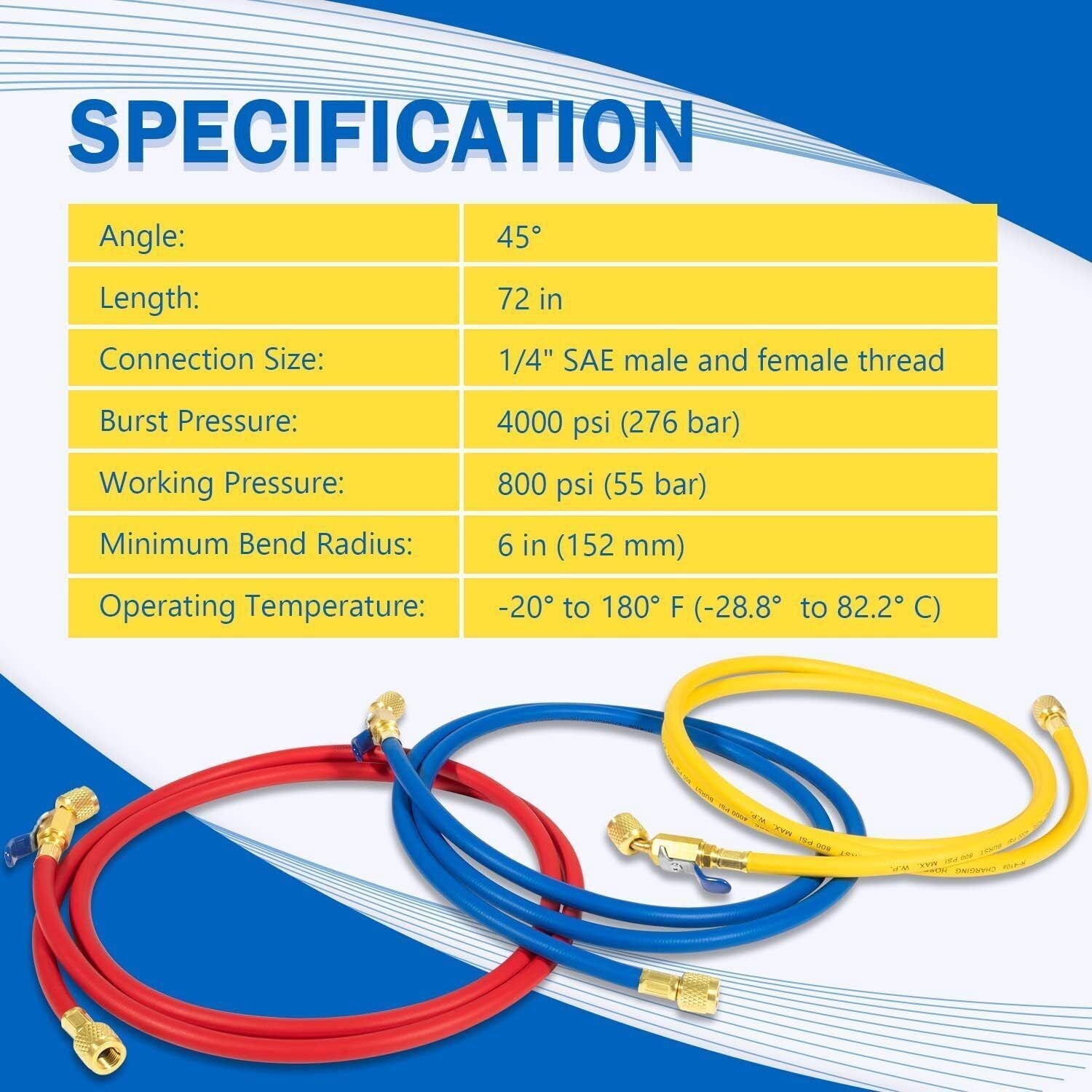 29986 Plus II 1/4" Red Blue Yellow Charging Hose Compact Ball Valve 72" 3 Pack