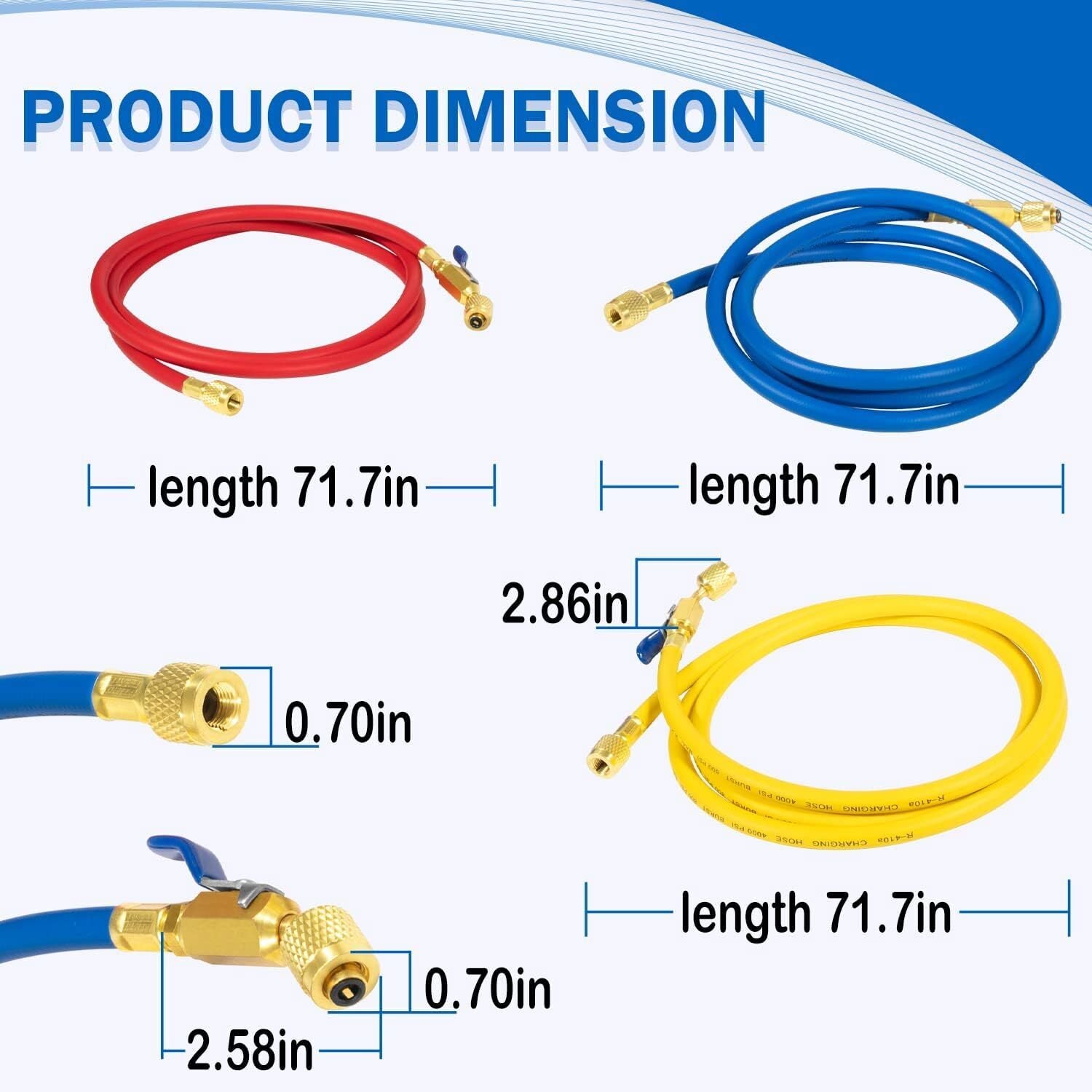 29986 Plus II 1/4" Red Blue Yellow Charging Hose Compact Ball Valve 72" 3 Pack