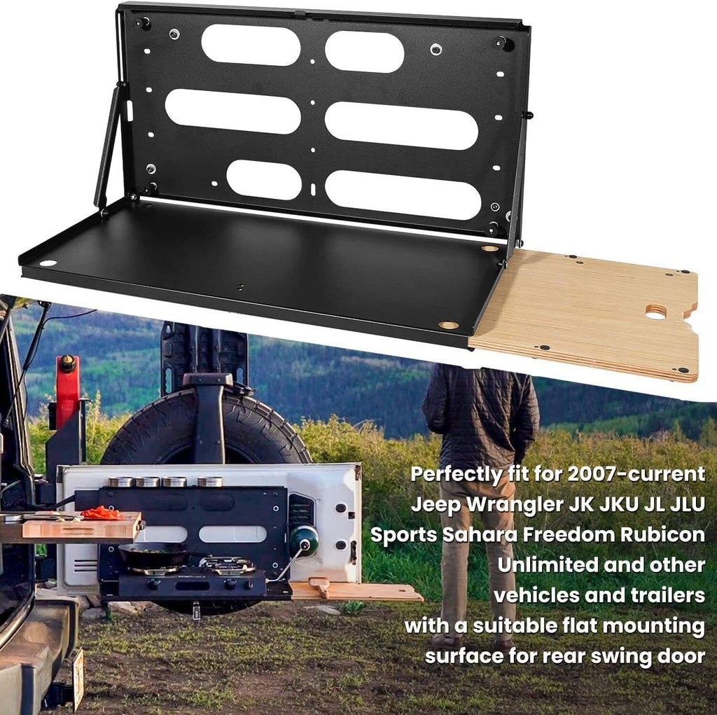 Drop Down Tailgate Table with Wood Tray for Jeep Wrangler JK JL & JT 2007-2024