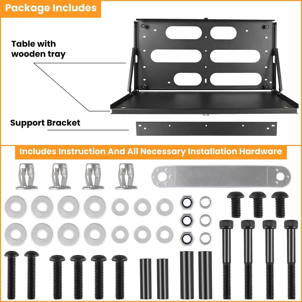 Drop Down Tailgate Table with Wood Tray for Jeep Wrangler JK JL & JT 2007-2024